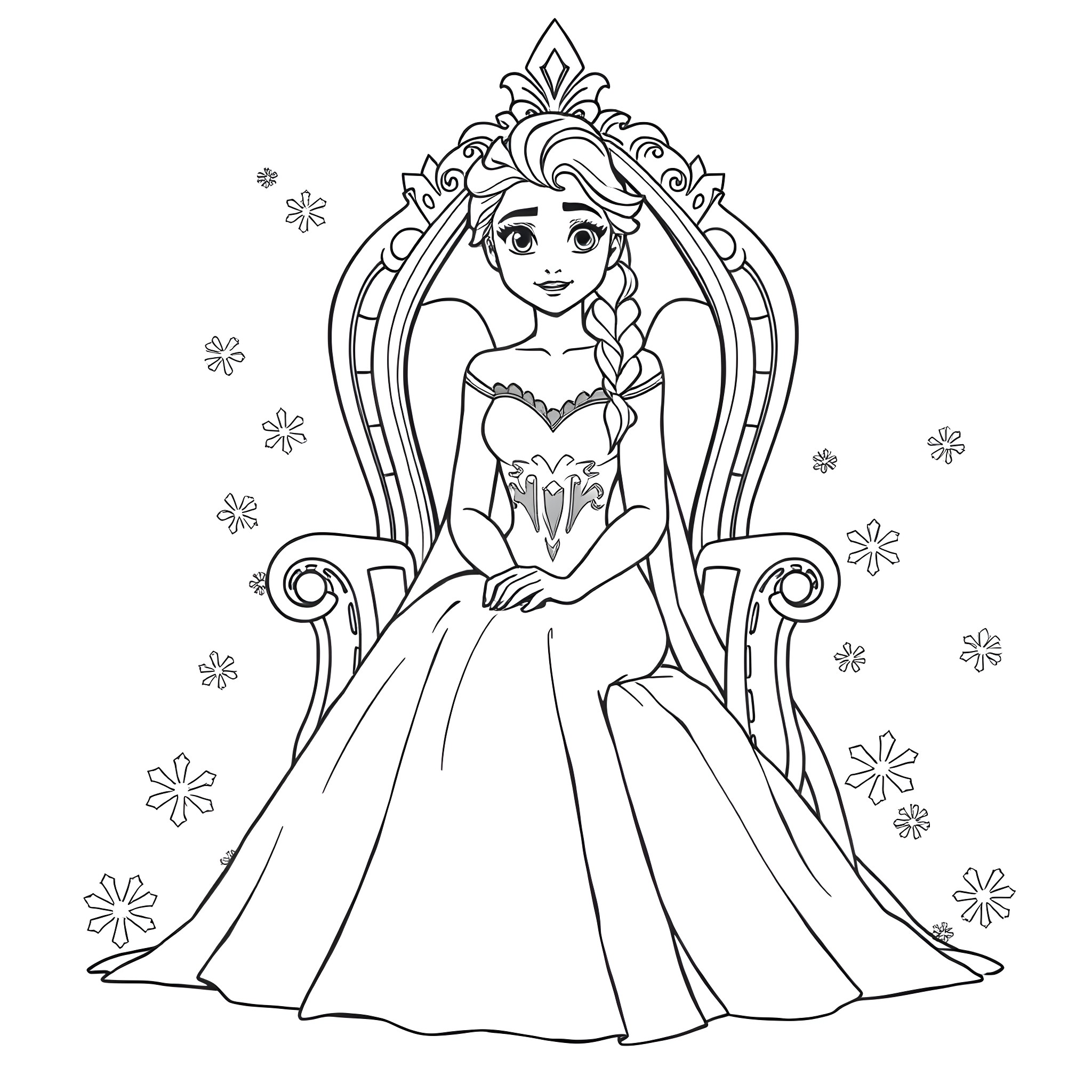 Elsa sitting on a royal throne in an elegant gown Coloring Page (free black-and-white line drawing printable PDF for all, from beginners to advanced learners, including children, teens, adults, and seniors)