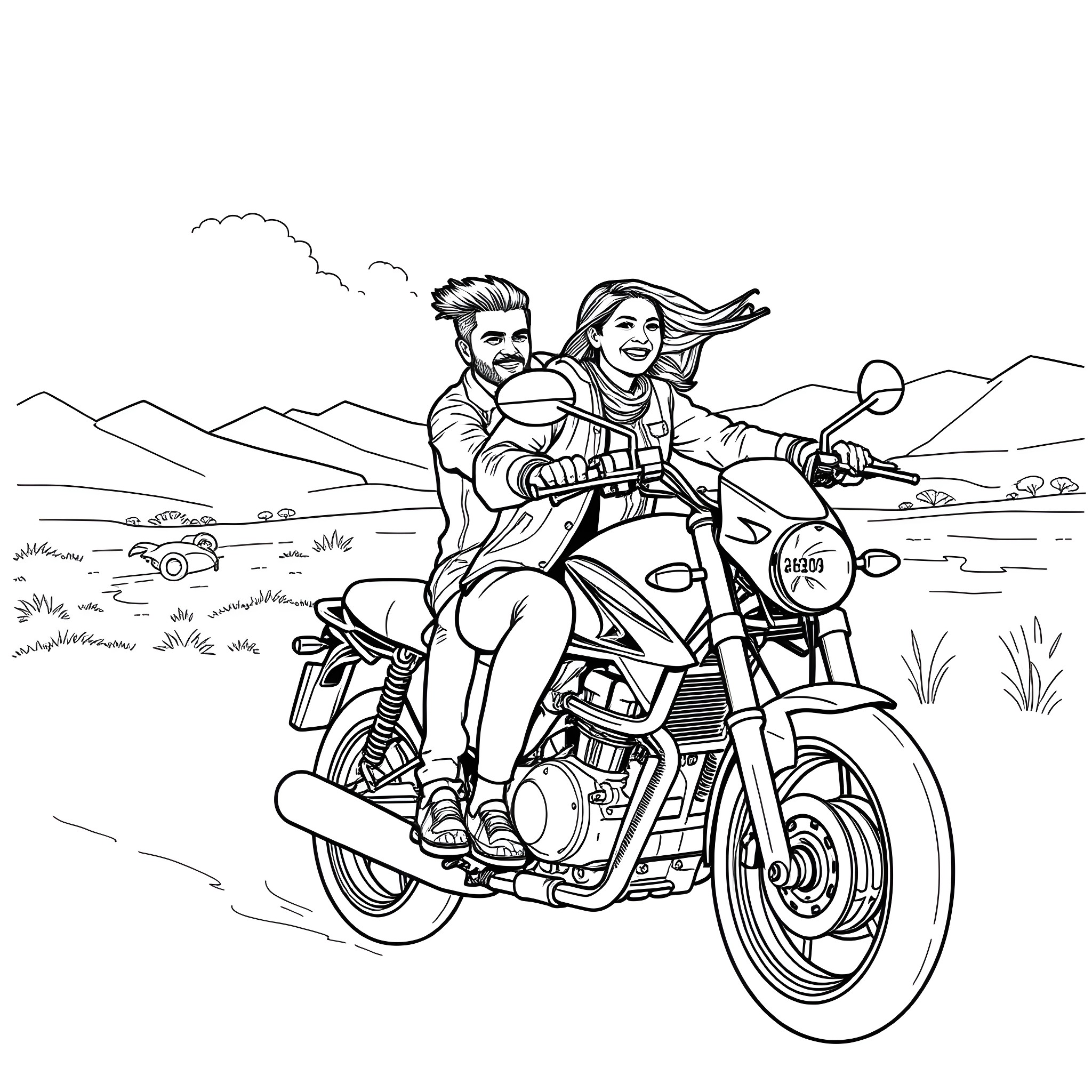Sidharth Malhotra riding motorcycle with companion Coloring Page (free black-and-white line drawing printable PDF for all, from beginners to advanced learners, including children, teens, adults, and seniors)