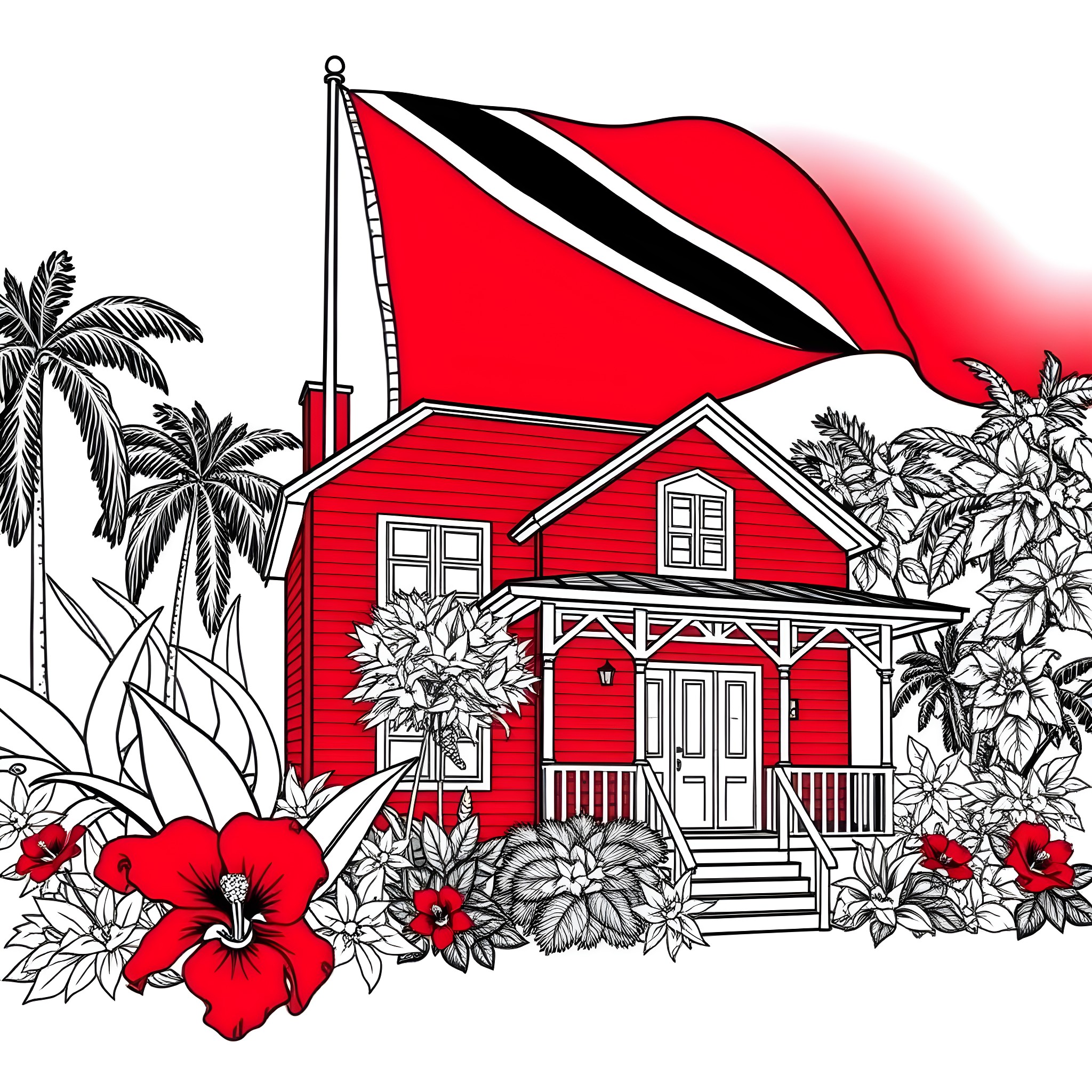 House with waving flag in tropical garden setting Coloring Page (free black-and-white line drawing printable PDF for all, from beginners to advanced learners, including children, teens, adults, and seniors)