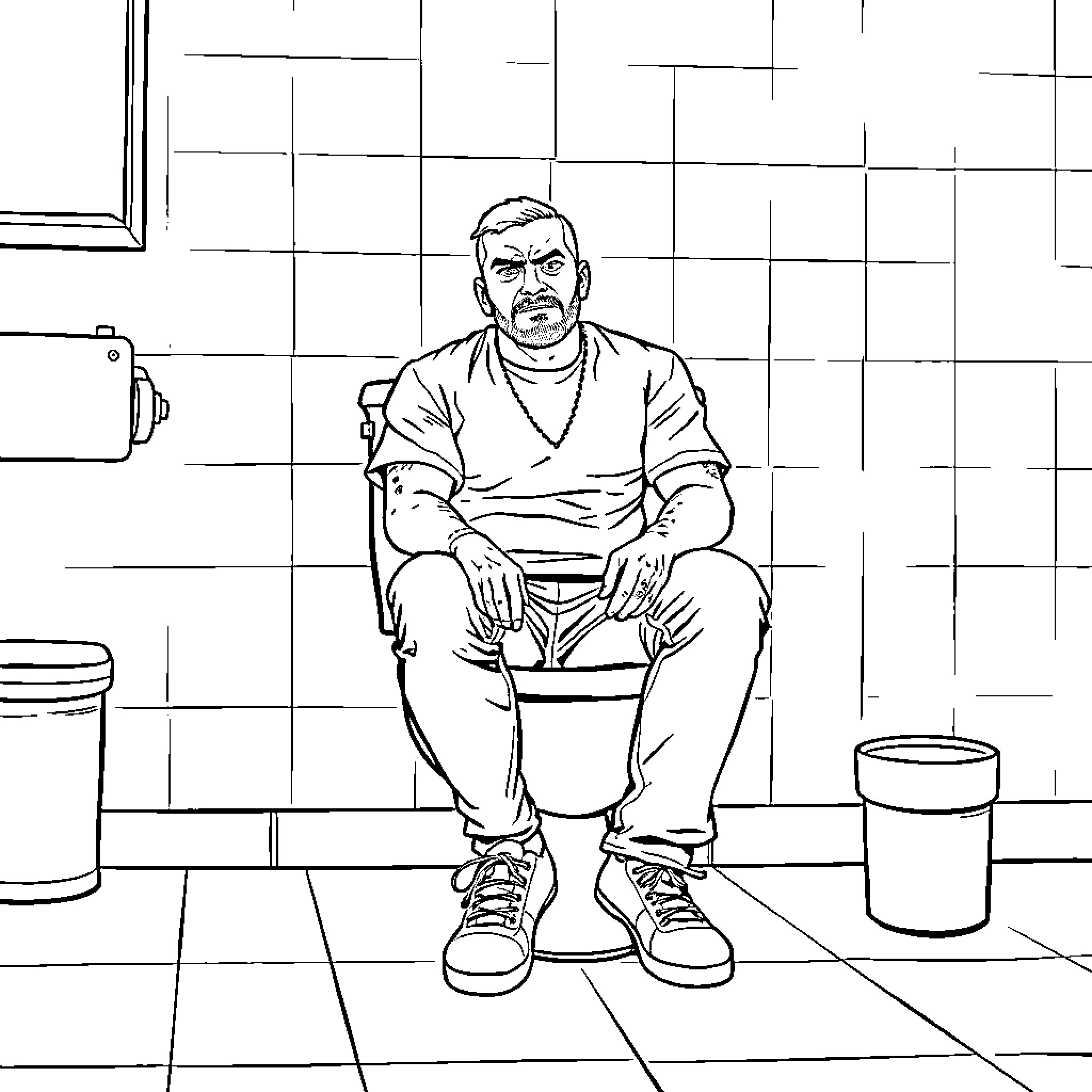 Trevor Phillips sitting in bathroom stall Coloring Page (free black-and-white line drawing printable PDF for all, from beginners to advanced learners, including children, teens, adults, and seniors)