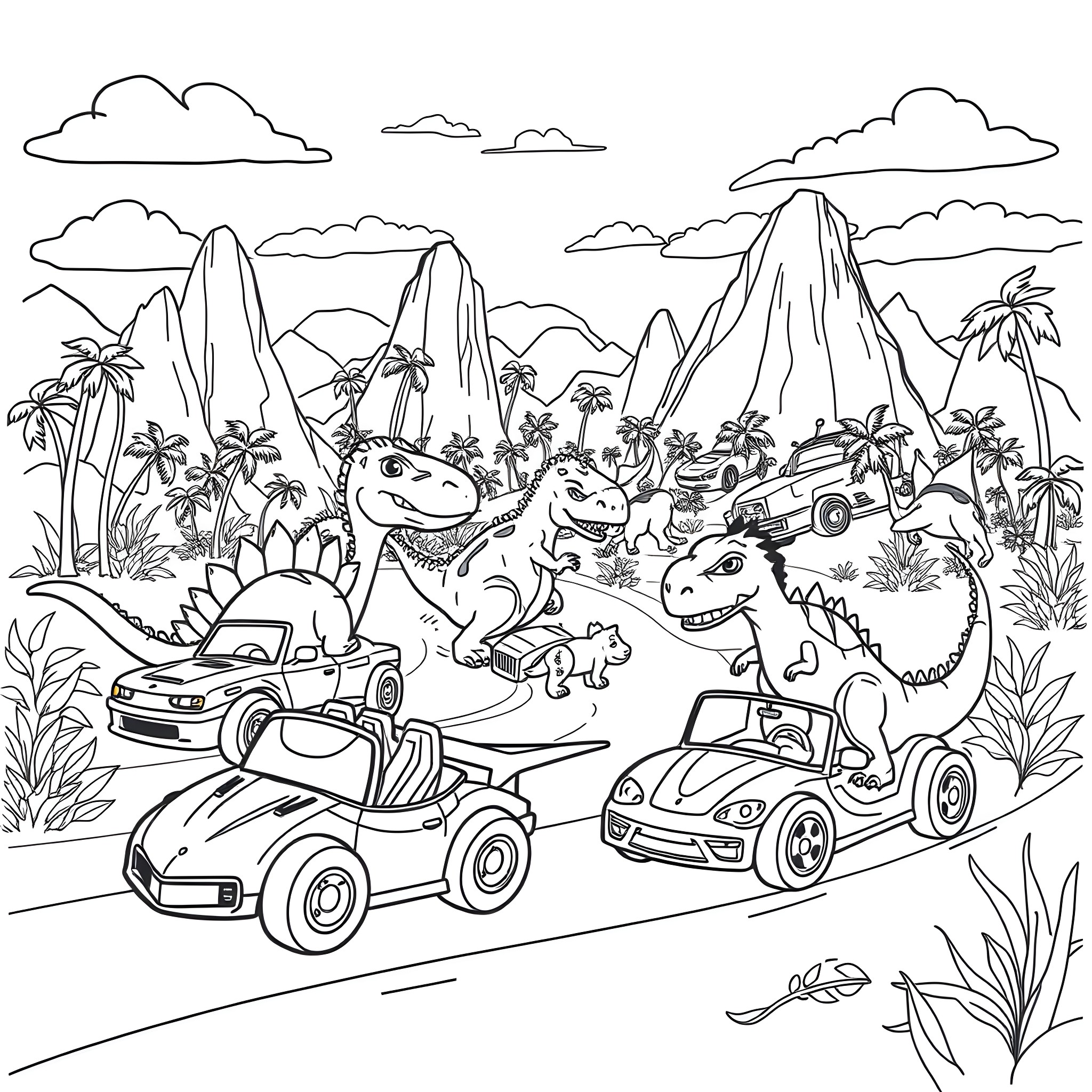 Dinosaurs racing cars in a tropical landscape Coloring Page (free black-and-white line drawing printable PDF for all, from beginners to advanced learners, including children, teens, adults, and seniors)