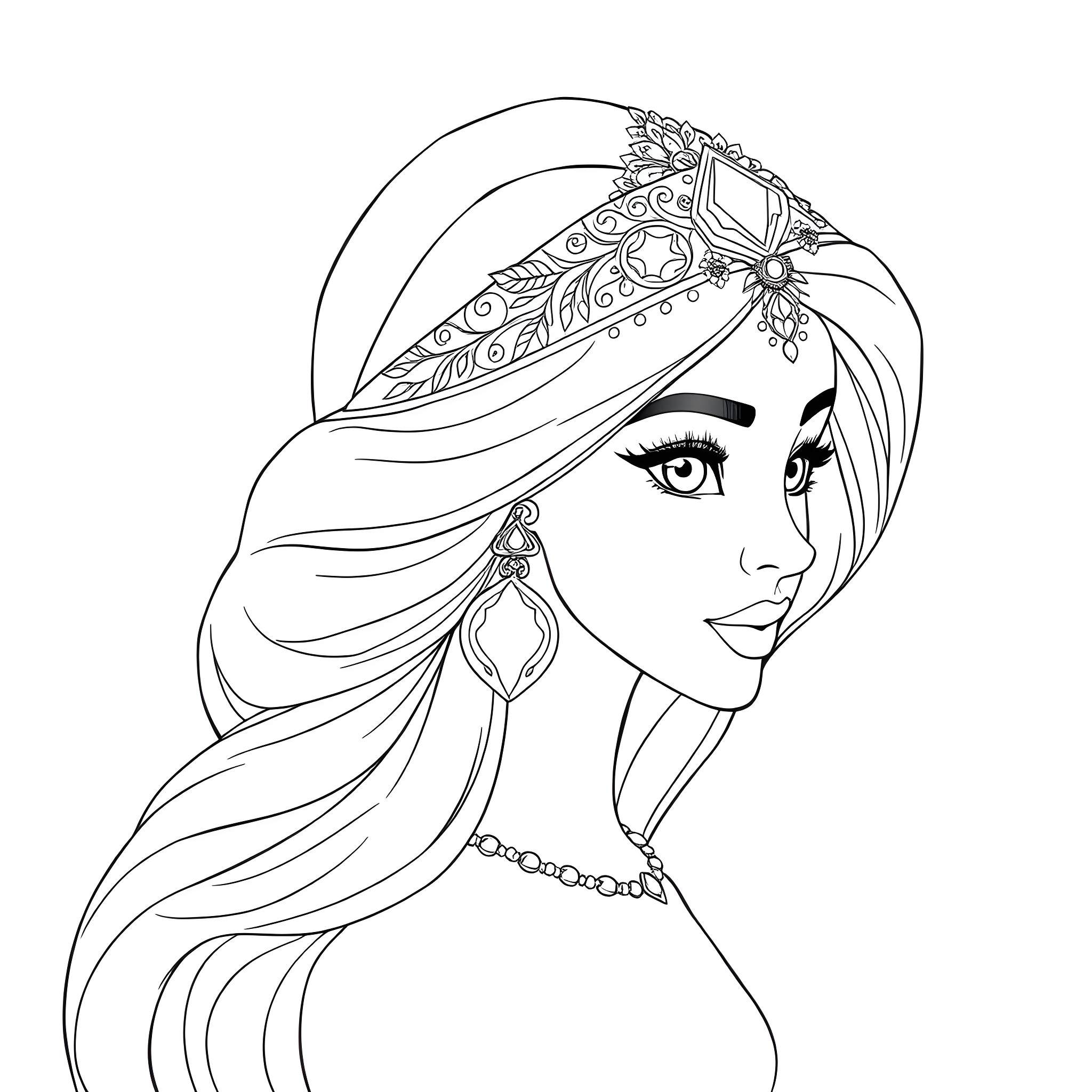 Jasmine - Elegant Woman with Ornate Headpiece Coloring Page (free black-and-white line drawing printable PDF for all, from beginners to advanced learners, including children, teens, adults, and seniors)