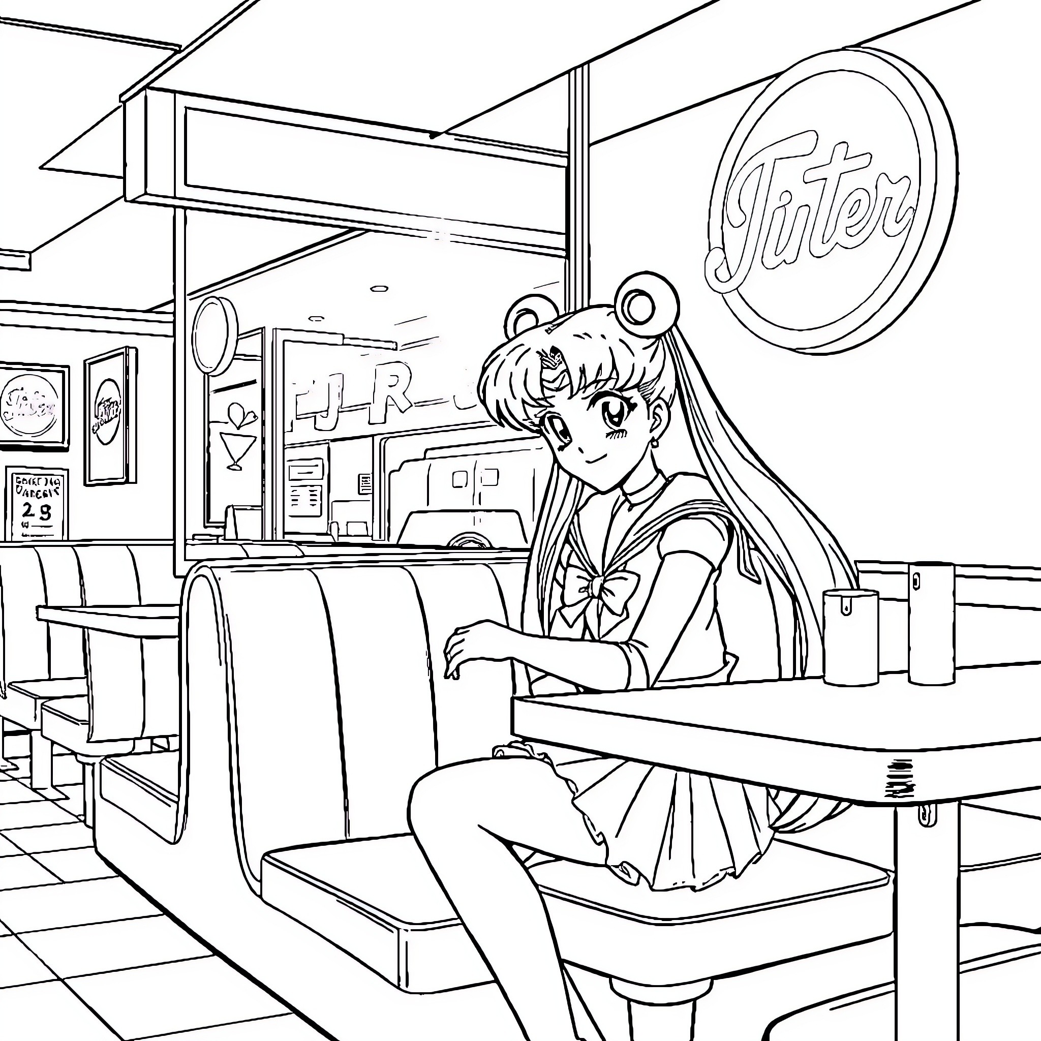 Sailor Moon in a Retro Diner Setting Coloring Page (free black-and-white line drawing printable PDF for all, from beginners to advanced learners, including children, teens, adults, and seniors)