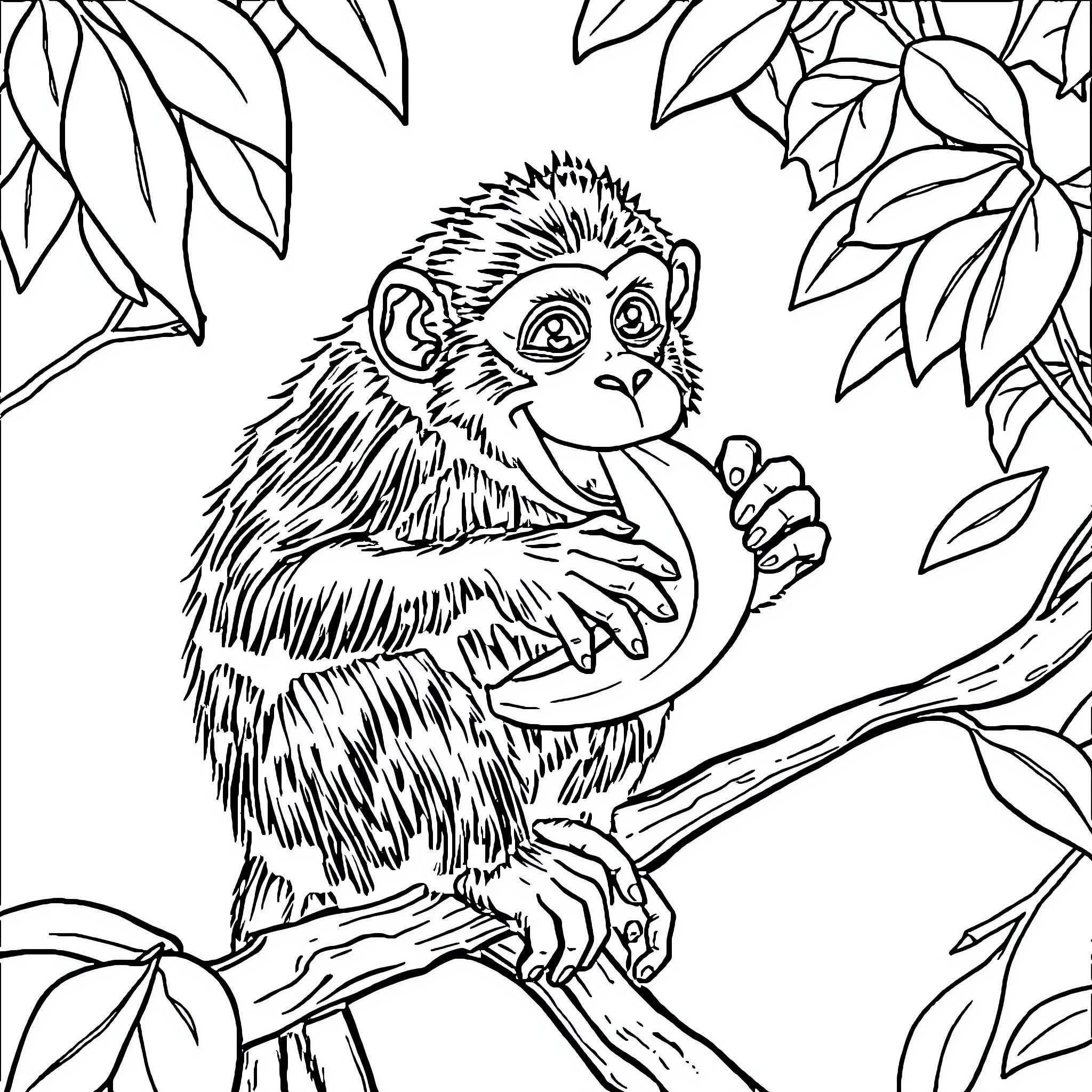Monkey in the Jungle Canopy Coloring Page (free black-and-white line drawing printable PDF for all, from beginners to advanced learners, including children, teens, adults, and seniors)