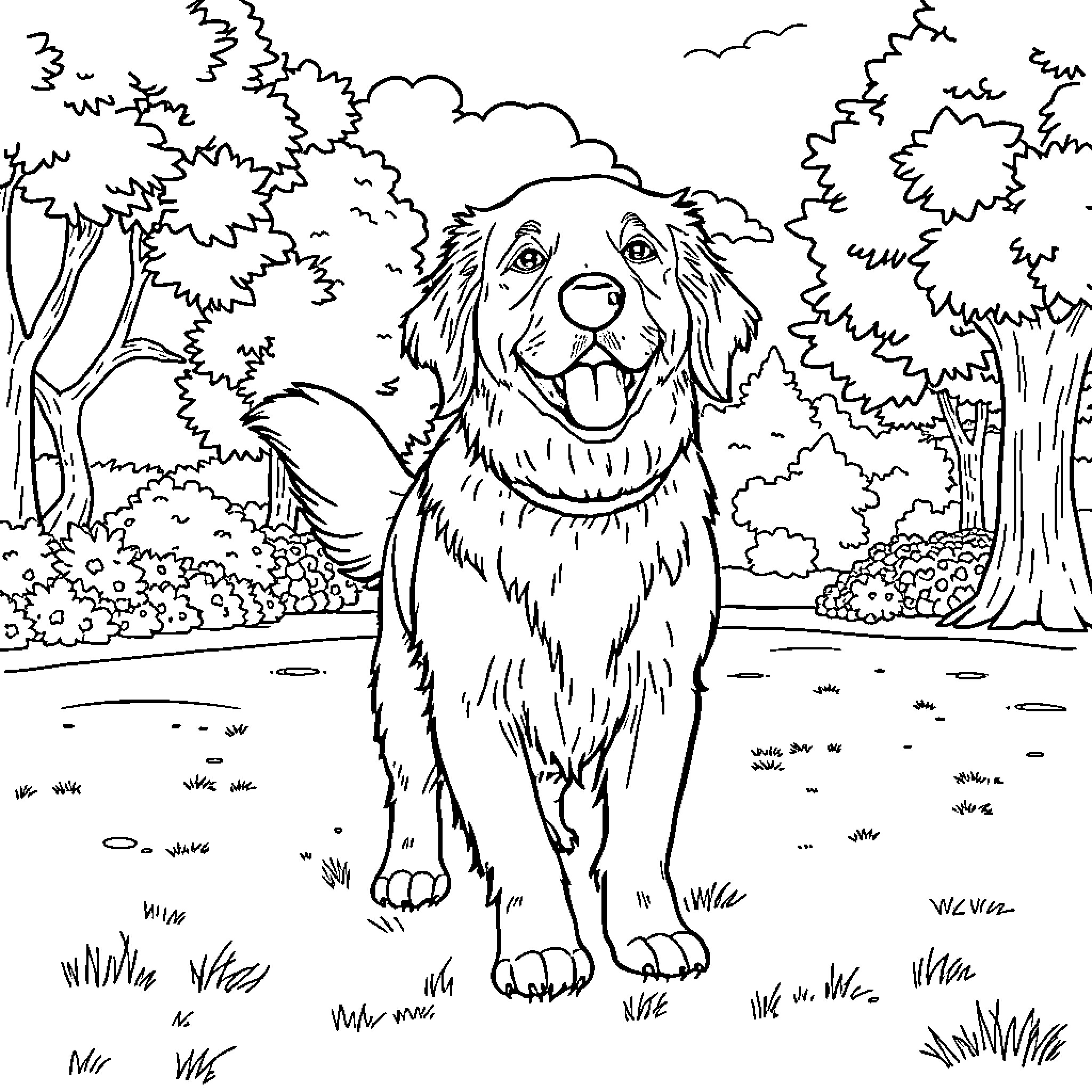 Golden Retriever enjoying nature in the woods Coloring Page (free black-and-white line drawing printable PDF for all, from beginners to advanced learners, including children, teens, adults, and seniors)