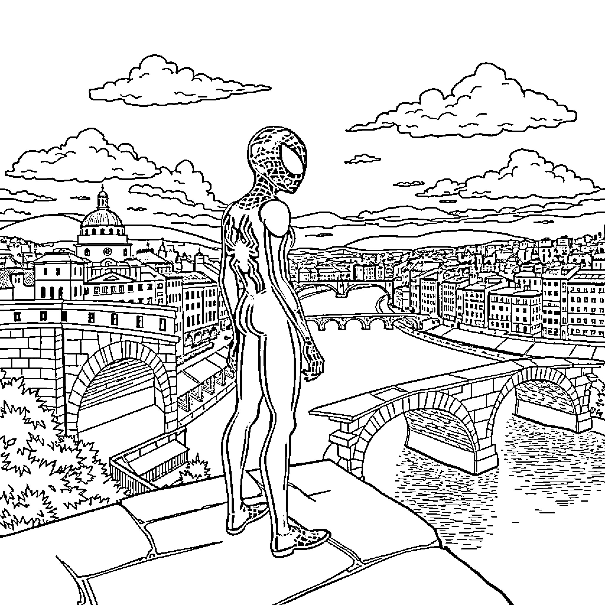 Bridge crossing over the city skyline Coloring Page (free black-and-white line drawing printable PDF for all, from beginners to advanced learners, including children, teens, adults, and seniors)