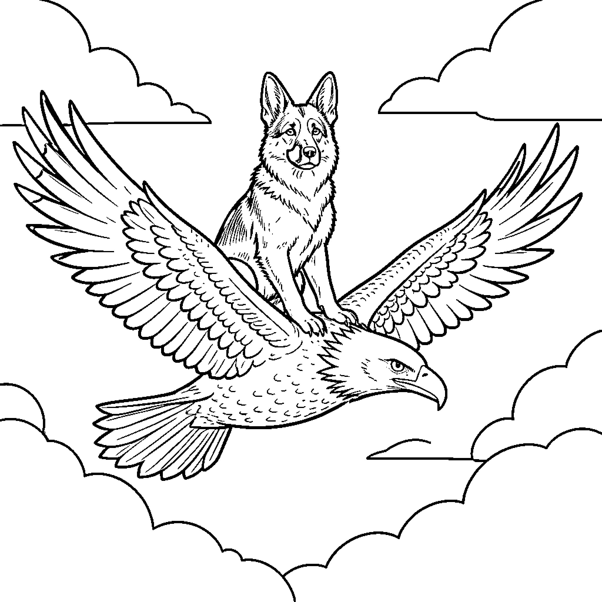 German Shepherd riding atop a soaring eagle in clouds Coloring Page (free black-and-white line drawing printable PDF for all, from beginners to advanced learners, including children, teens, adults, and seniors)