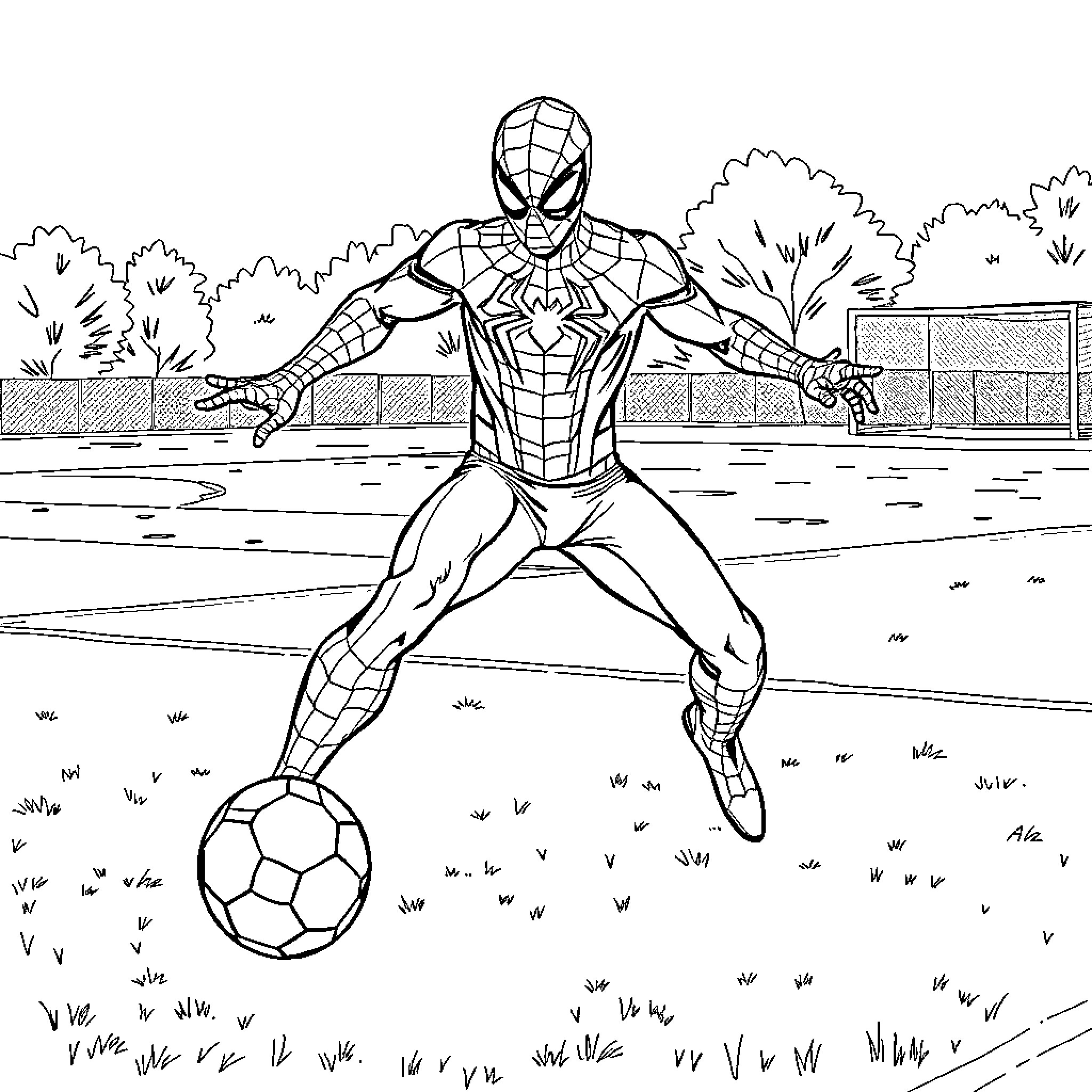 Spiderman Playing Soccer in the Park Coloring Page (free black-and-white line drawing printable PDF for all, from beginners to advanced learners, including children, teens, adults, and seniors)