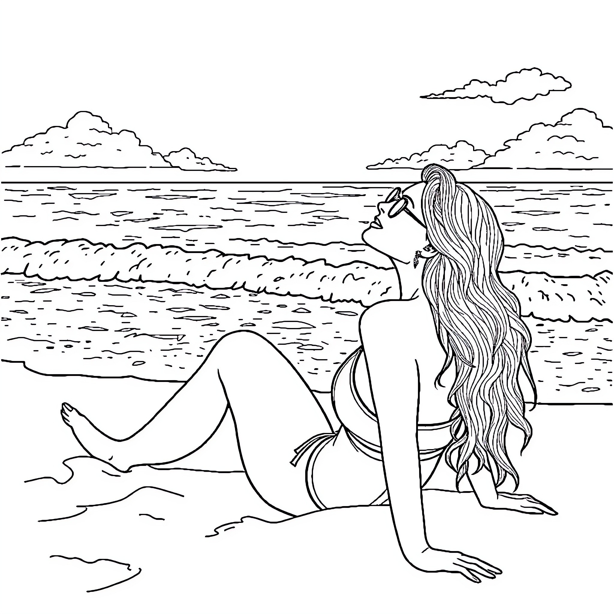 Girl relaxing on the beach during sunset Coloring Page (free black-and-white line drawing printable PDF for all, from beginners to advanced learners, including children, teens, adults, and seniors)