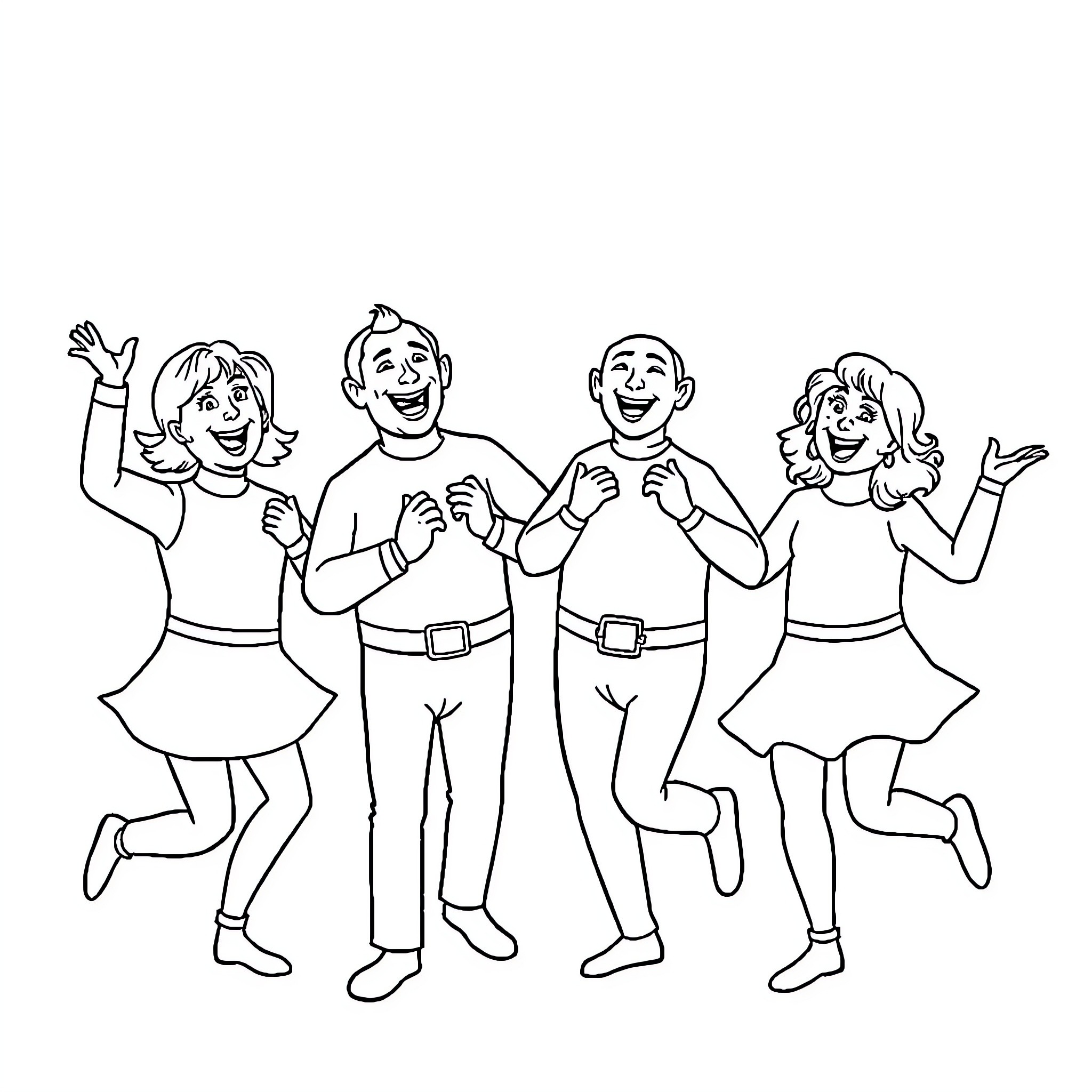 The Wiggles performing together in colorful outfits Coloring Page (free black-and-white line drawing printable PDF for all, from beginners to advanced learners, including children, teens, adults, and seniors)