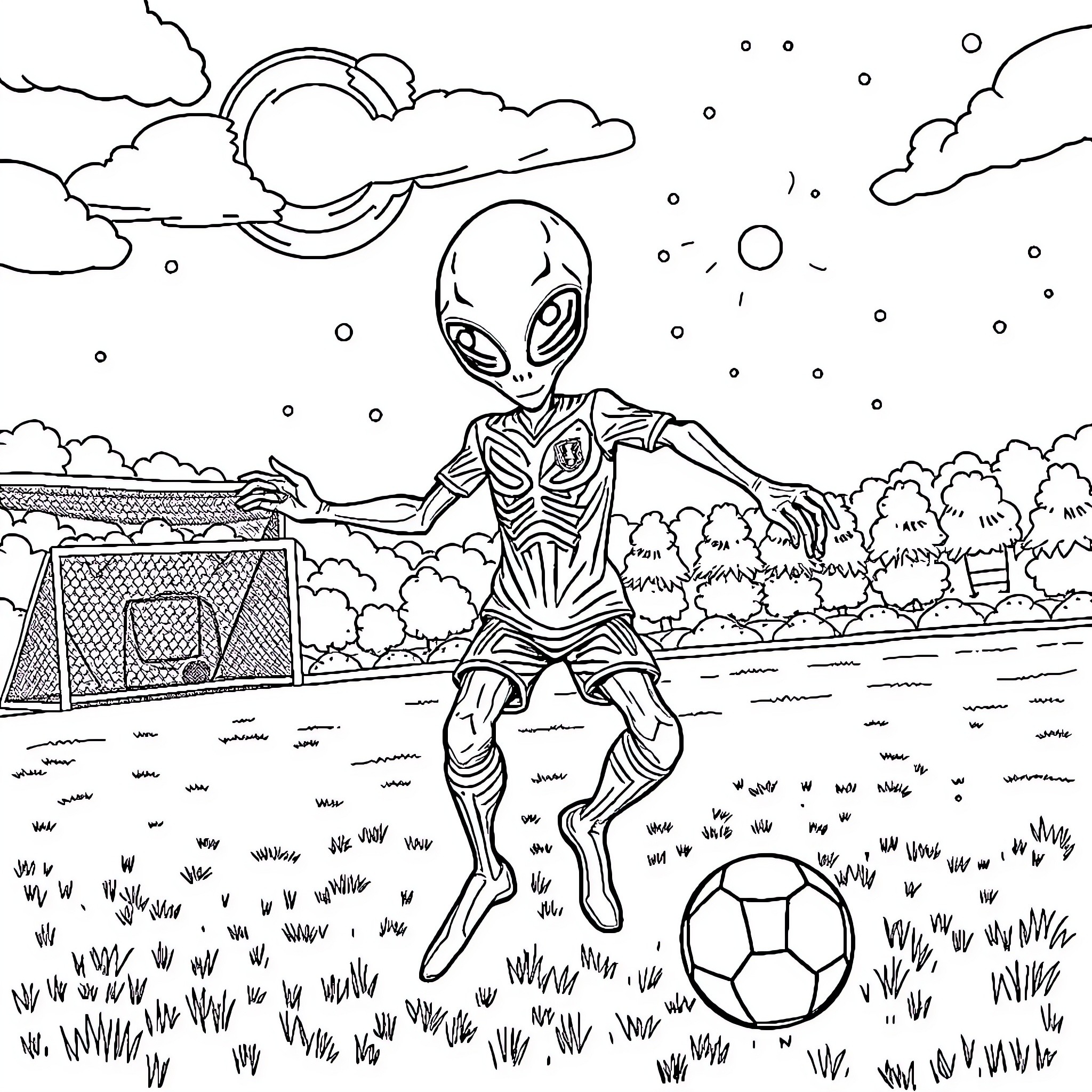 Extraterrestrial Soccer Match in a Distant Landscape Coloring Page (free black-and-white line drawing printable PDF for all, from beginners to advanced learners, including children, teens, adults, and seniors)