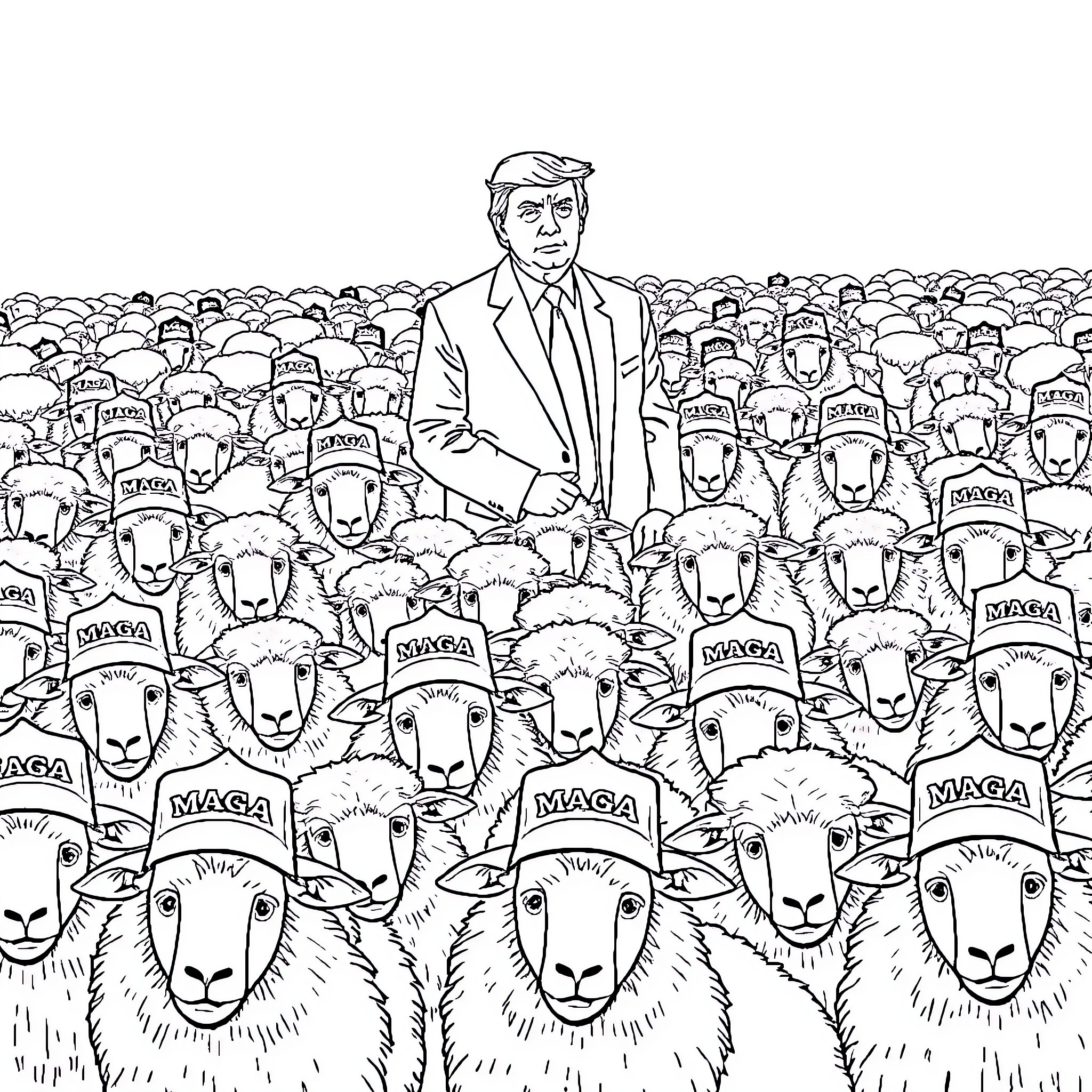 Trump addressing a large crowd of sheep-like supporters Coloring Page (free black-and-white line drawing printable PDF for all, from beginners to advanced learners, including children, teens, adults, and seniors)