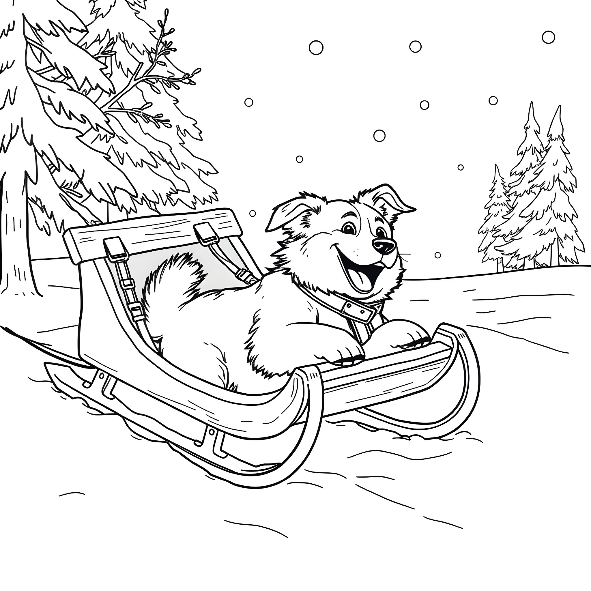 Dog riding a sled through snowy winter landscape Coloring Page (free black-and-white line drawing printable PDF for all, from beginners to advanced learners, including children, teens, adults, and seniors)