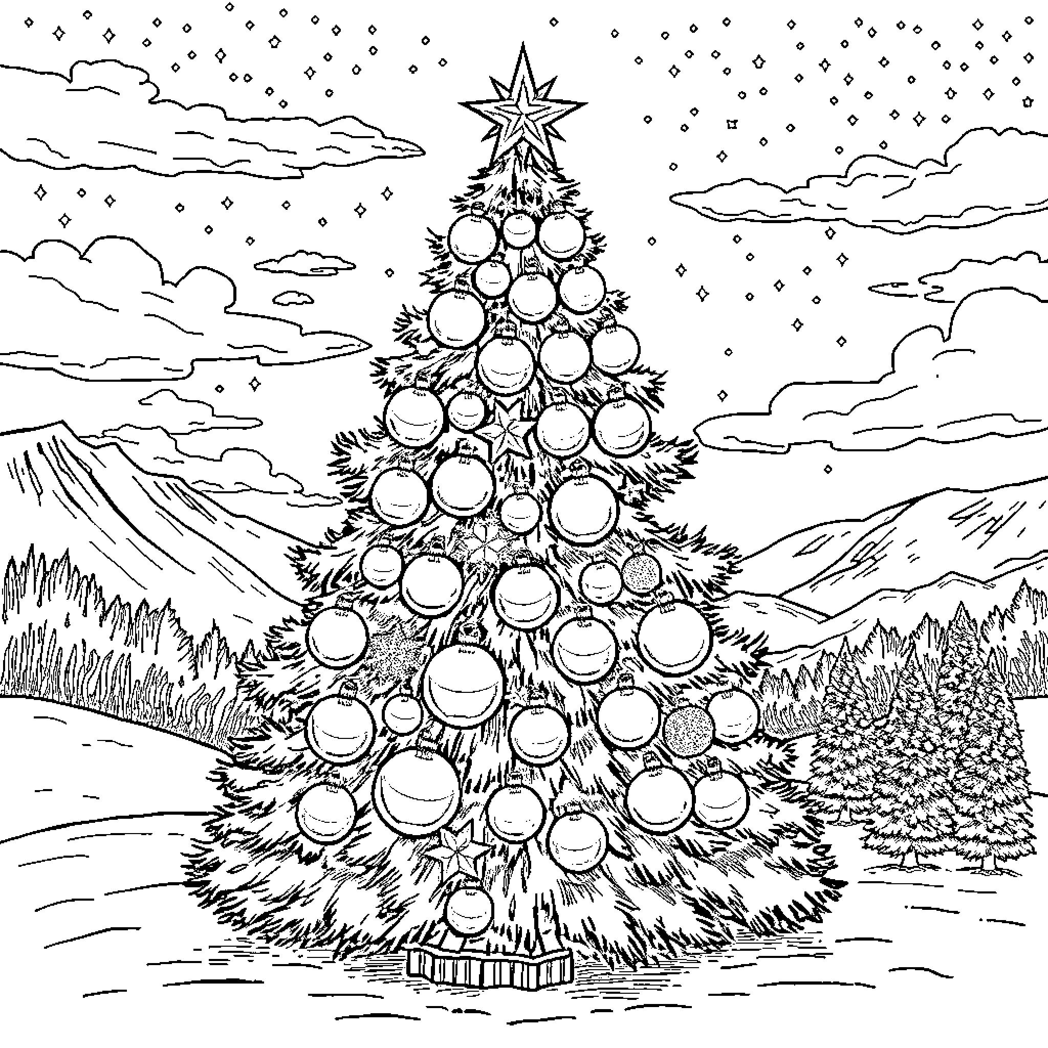 Christmas Tree Adorned with Ornaments in Snowy Landscape Coloring Page (free black-and-white line drawing printable PDF for all, from beginners to advanced learners, including children, teens, adults, and seniors)