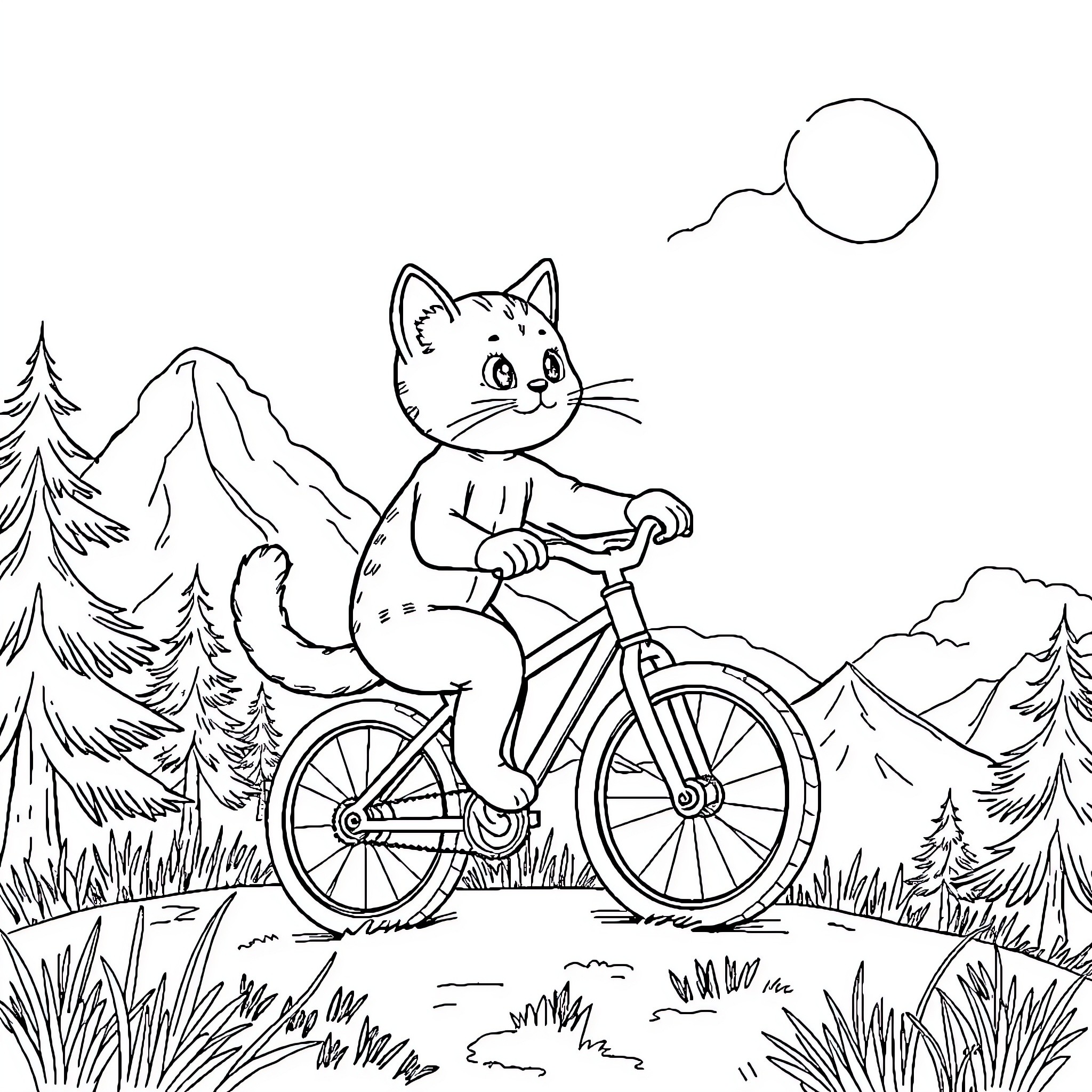 Cat riding bicycle in mountain landscape Coloring Page (free black-and-white line drawing printable PDF for all, from beginners to advanced learners, including children, teens, adults, and seniors)