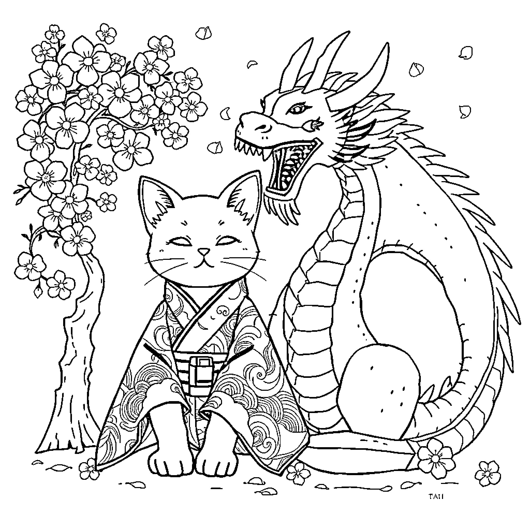 Cat and Dragon in Floral Scene Coloring Page (free black-and-white line drawing printable PDF for all, from beginners to advanced learners, including children, teens, adults, and seniors)