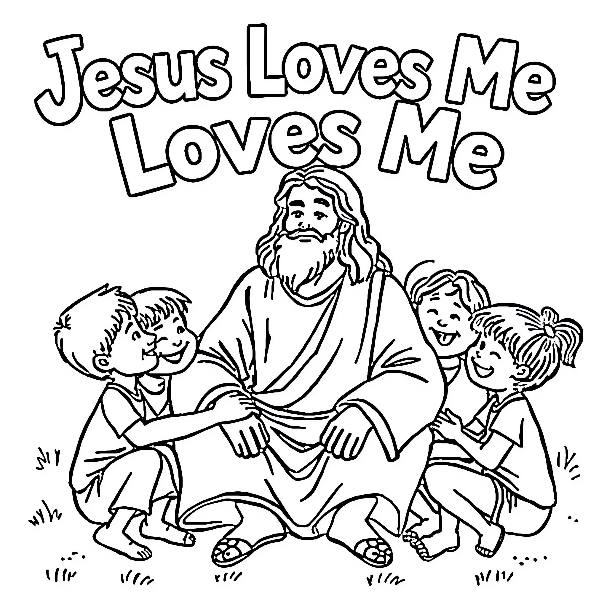 Jesus Embracing and Loving Children Coloring Page (free black-and-white line drawing printable PDF for all, from beginners to advanced learners, including children, teens, adults, and seniors)