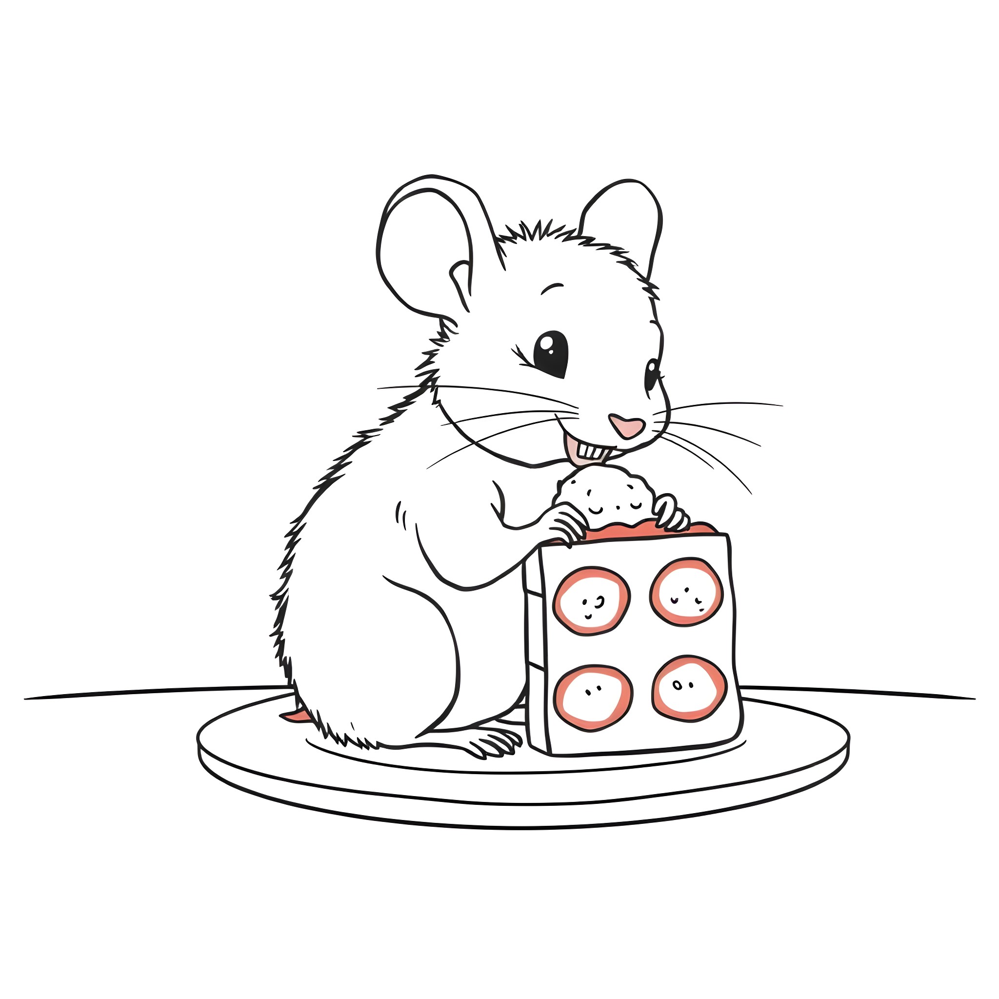 Mouse playing with canned food Coloring Page (free black-and-white line drawing printable PDF for all, from beginners to advanced learners, including children, teens, adults, and seniors)