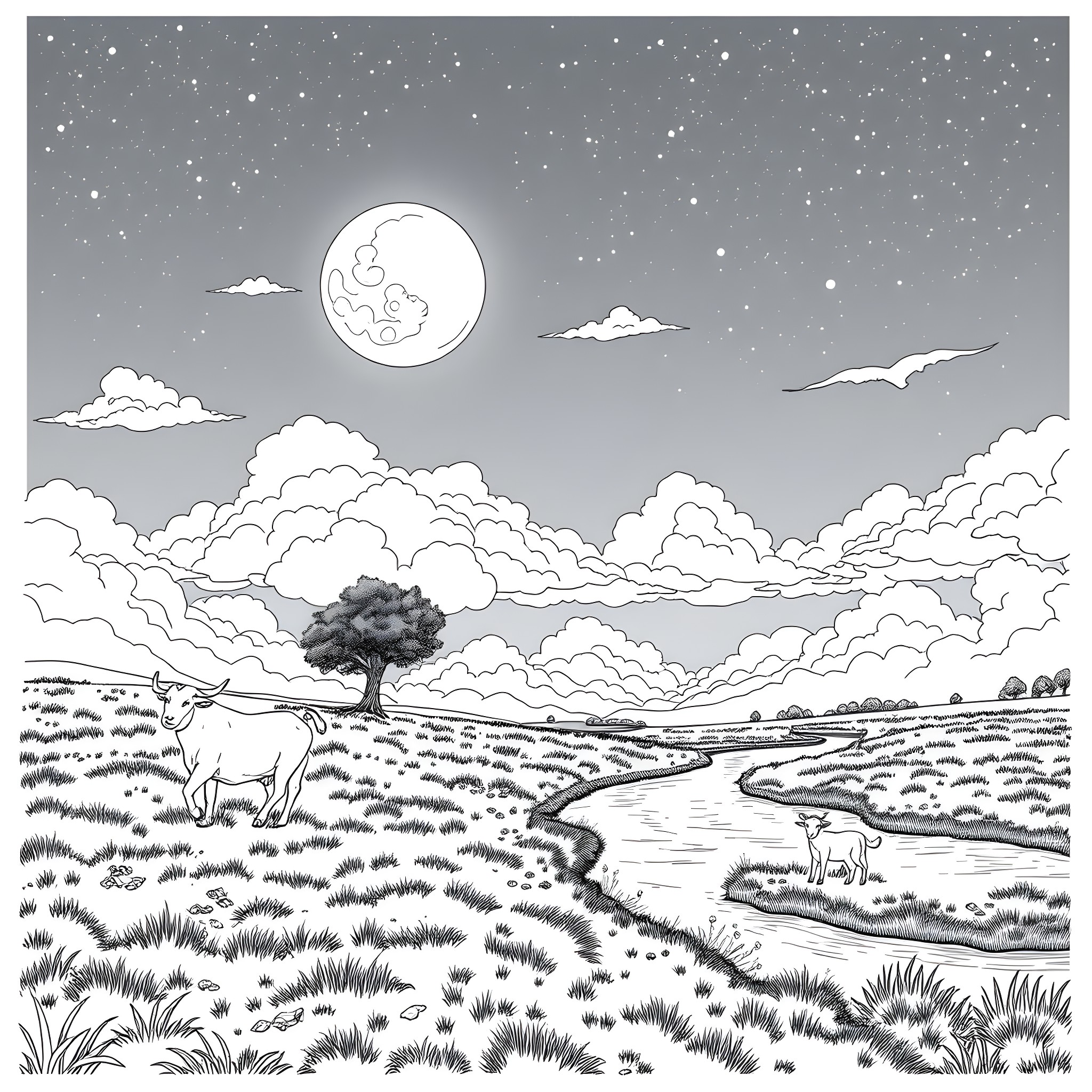 Nature's Night Enchantment Coloring Page (free black-and-white line drawing printable PDF for all, from beginners to advanced learners, including children, teens, adults, and seniors)