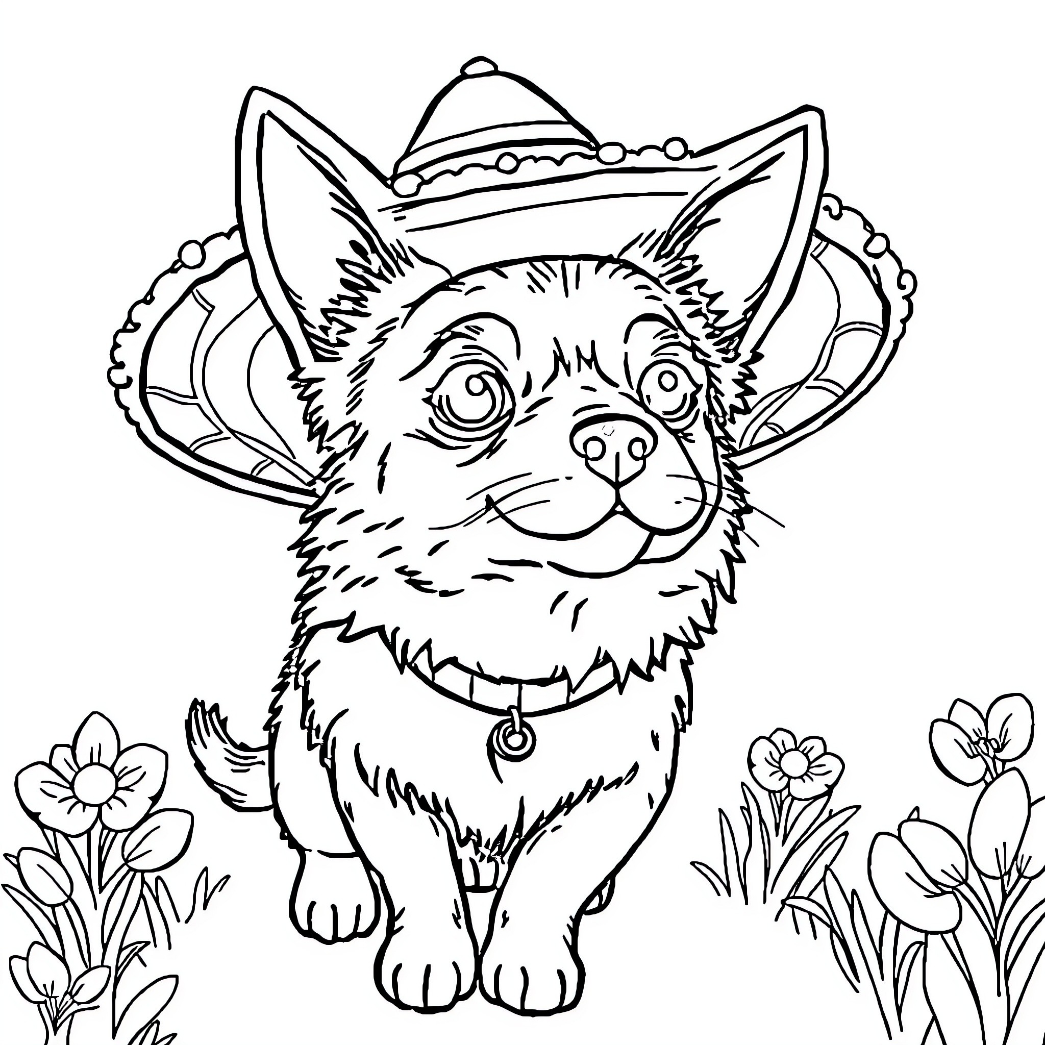 Dog wearing a sombrero in a flower garden Coloring Page (free black-and-white line drawing printable PDF for all, from beginners to advanced learners, including children, teens, adults, and seniors)