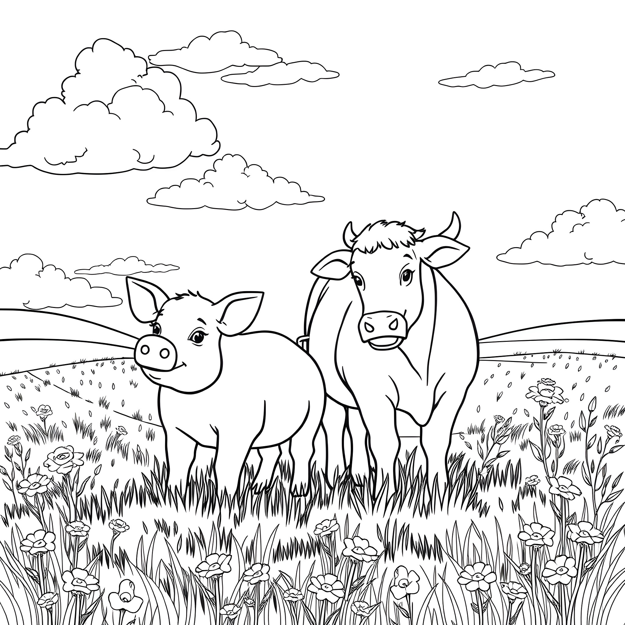 Pig and Cow Grazing in the Lush Meadow Coloring Page (free black-and-white line drawing printable PDF for all, from beginners to advanced learners, including children, teens, adults, and seniors)