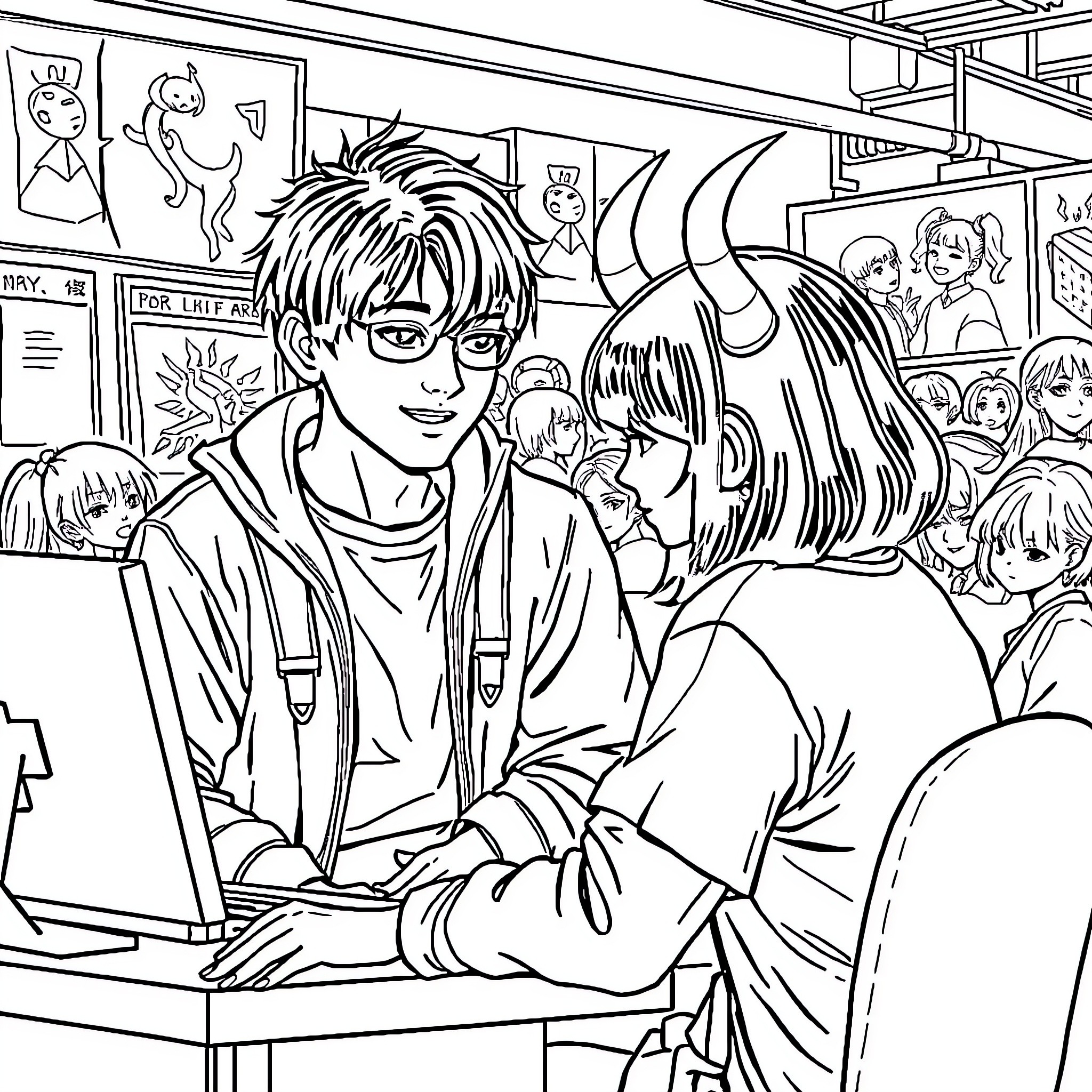 Kpop Demon Hunter: Friends Studying Together Coloring Page (free black-and-white line drawing printable PDF for all, from beginners to advanced learners, including children, teens, adults, and seniors)