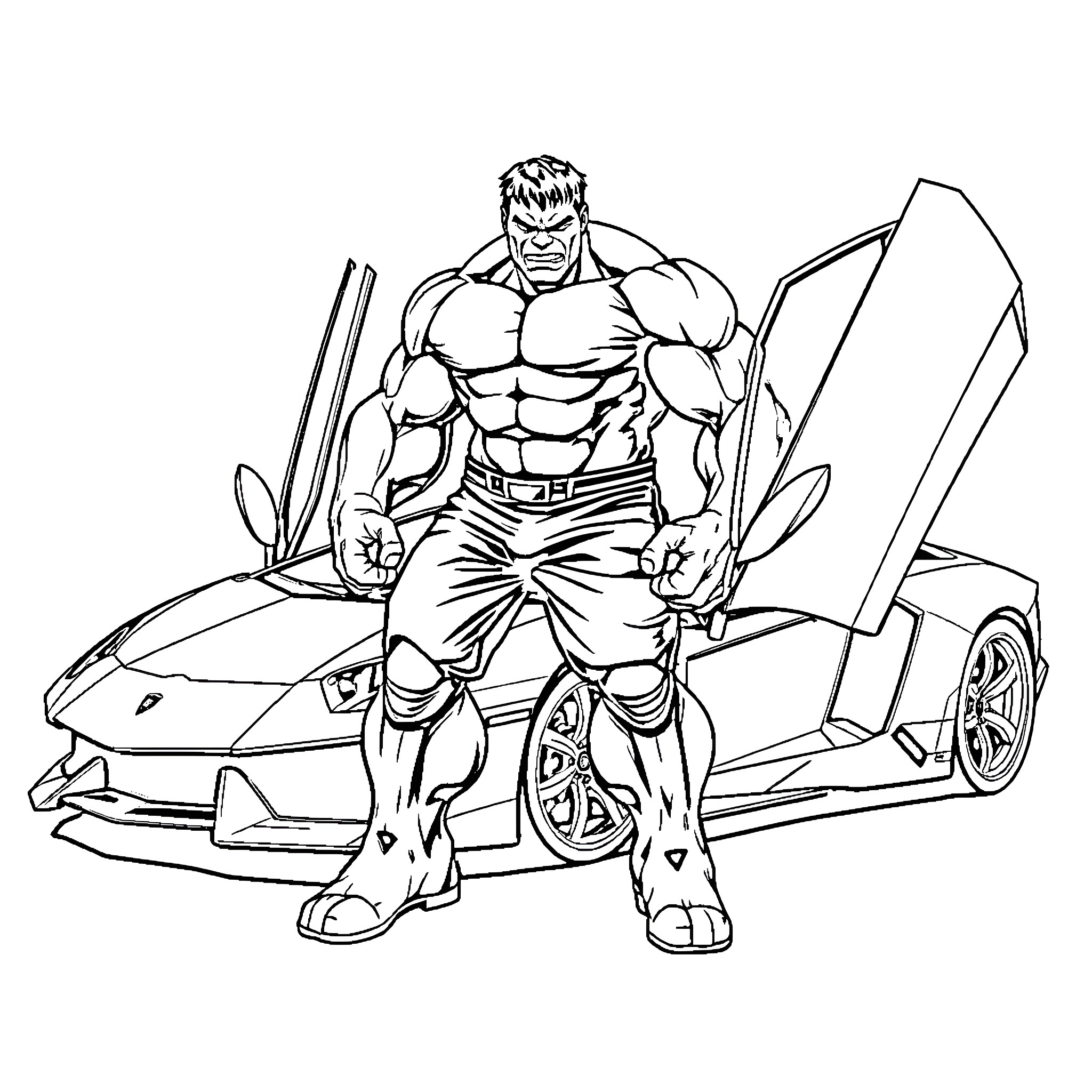 Hulk standing powerful near his sports car Coloring Page (free black-and-white line drawing printable PDF for all, from beginners to advanced learners, including children, teens, adults, and seniors)