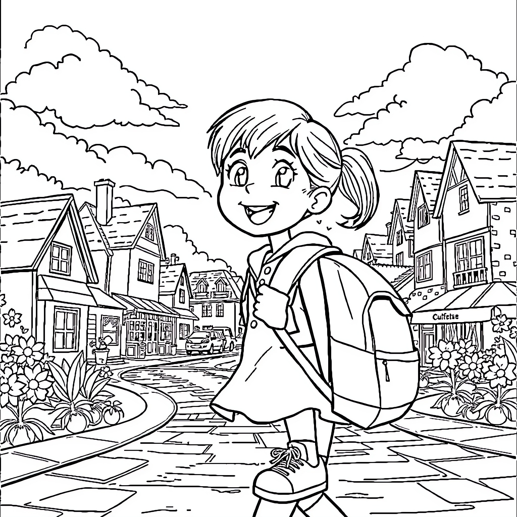 School Girl Exploring the Charming Town Coloring Page (free black-and-white line drawing printable PDF for all, from beginners to advanced learners, including children, teens, adults, and seniors)