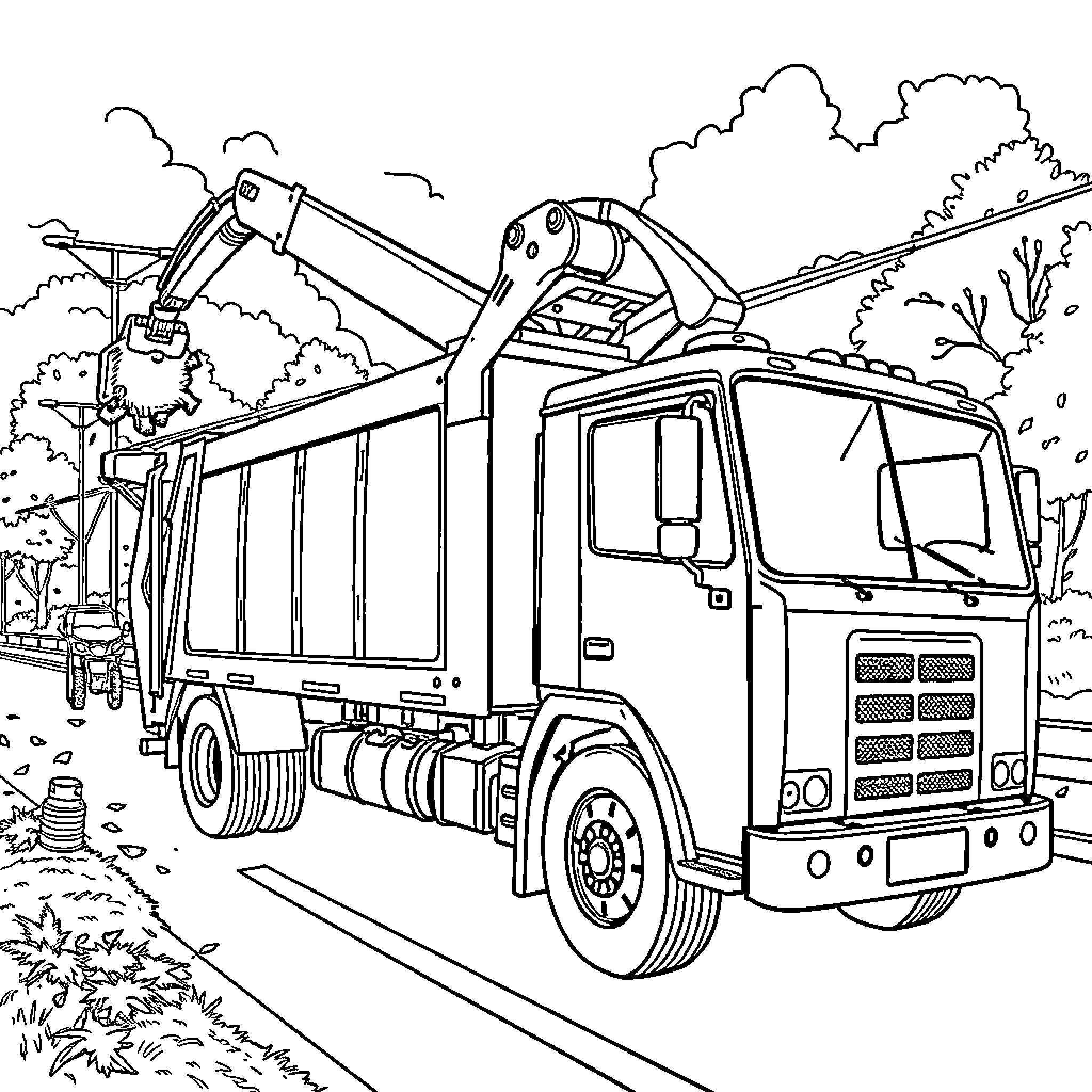 Garbage Truck Hauling Waste through Scenic Route Coloring Page (free black-and-white line drawing printable PDF for all, from beginners to advanced learners, including children, teens, adults, and seniors)