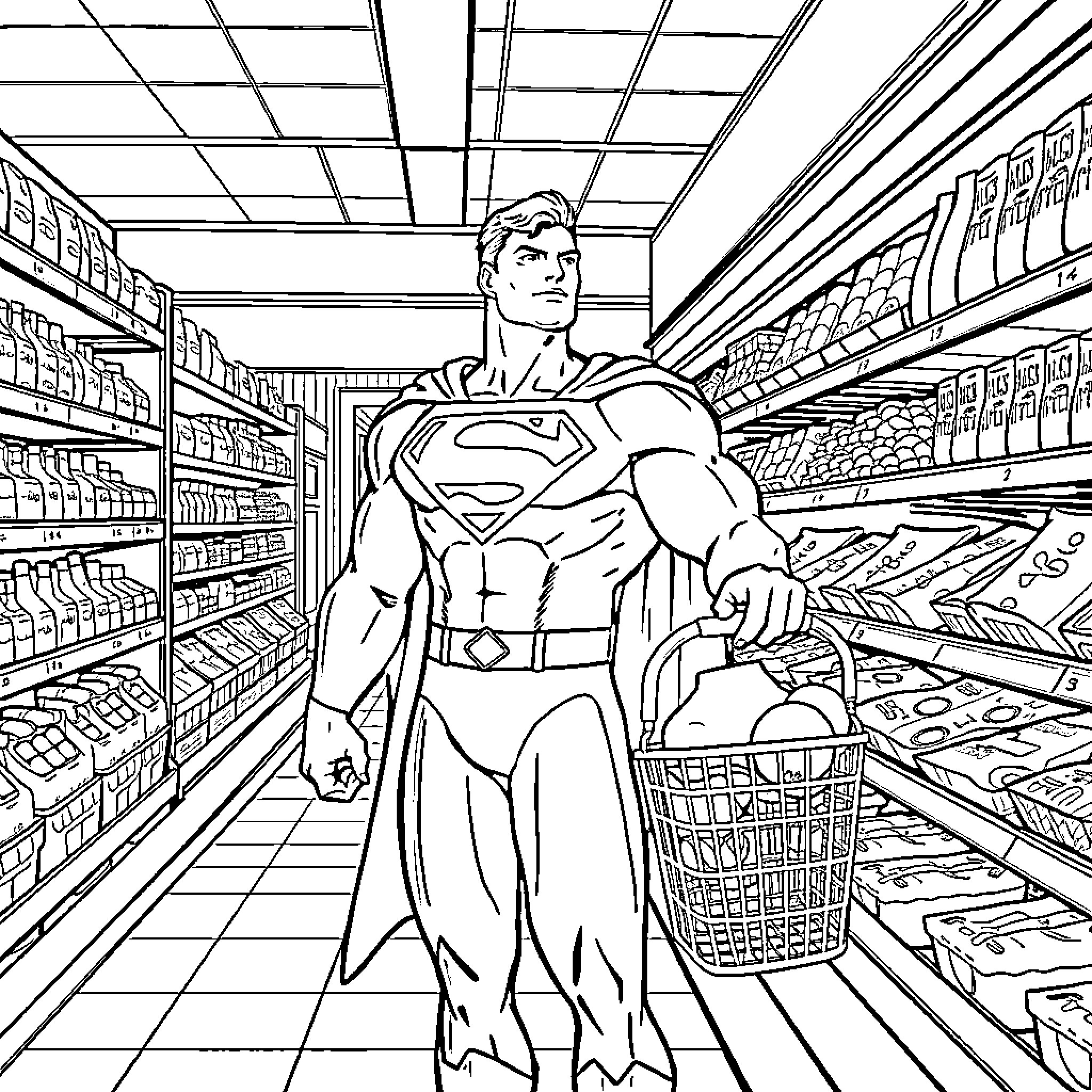 Superman shopping for groceries in the supermarket Coloring Page (free black-and-white line drawing printable PDF for all, from beginners to advanced learners, including children, teens, adults, and seniors)