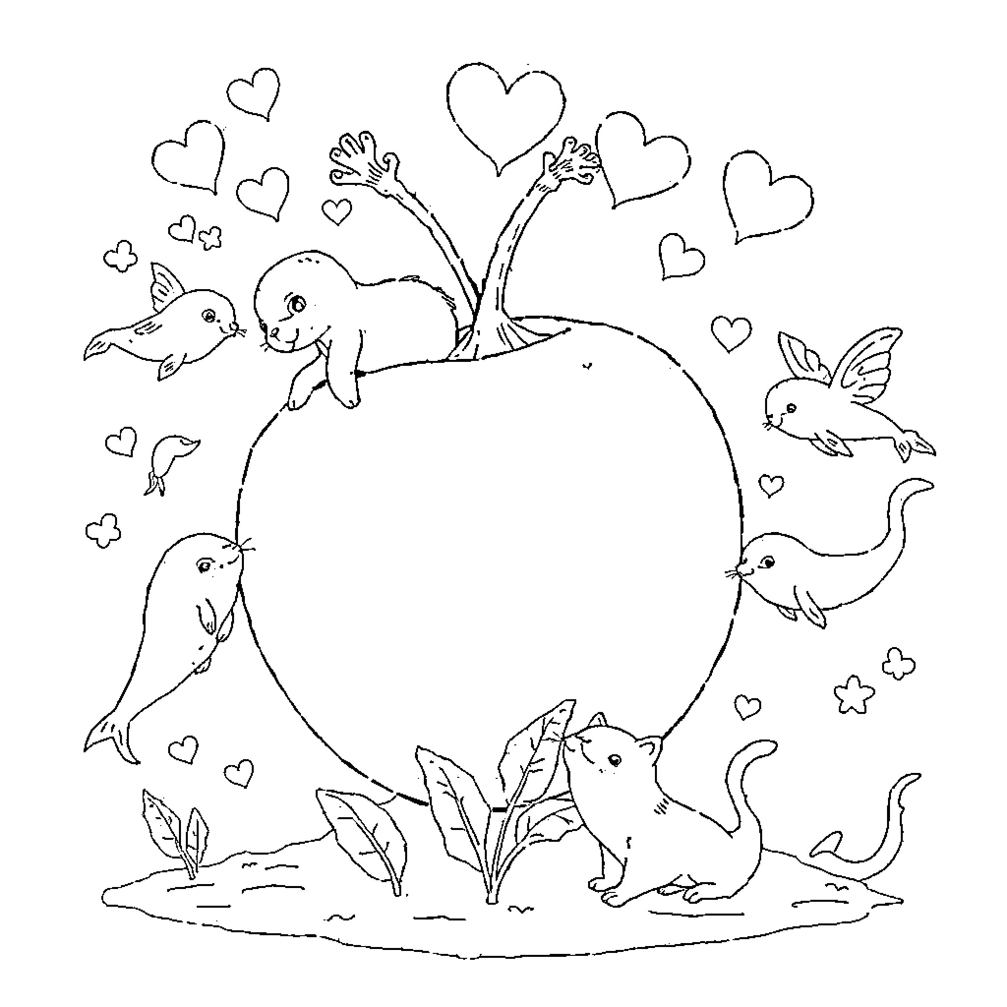 Erdbeere: Playful Animals in a Heart-Filled Landscape Coloring Page (free black-and-white line drawing printable PDF for all, from beginners to advanced learners, including children, teens, adults, and seniors)