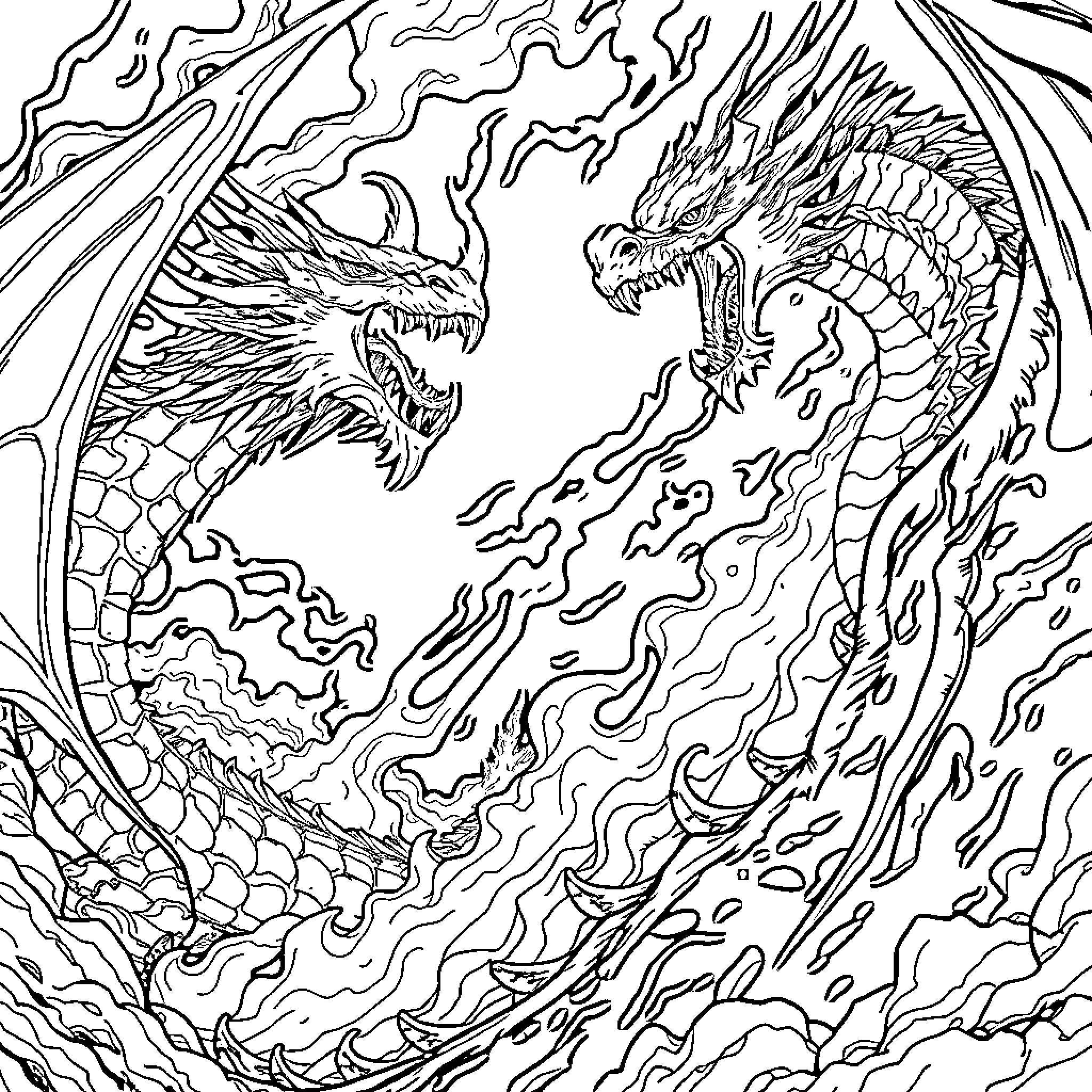 Dragon battling amidst swirling winds and flames Coloring Page (free black-and-white line drawing printable PDF for all, from beginners to advanced learners, including children, teens, adults, and seniors)
