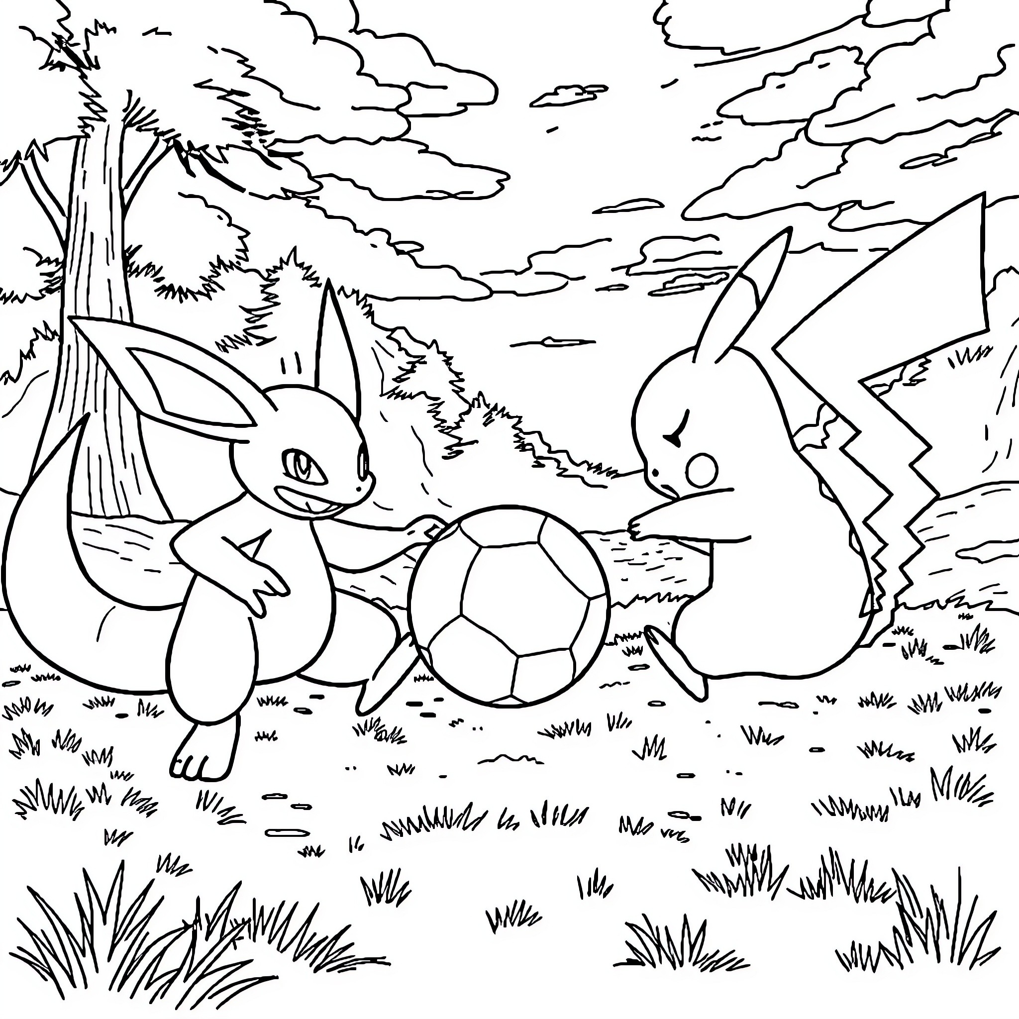 Lucario and Pikachu playing with a soccer ball in a forest Coloring Page (free black-and-white line drawing printable PDF for all, from beginners to advanced learners, including children, teens, adults, and seniors)