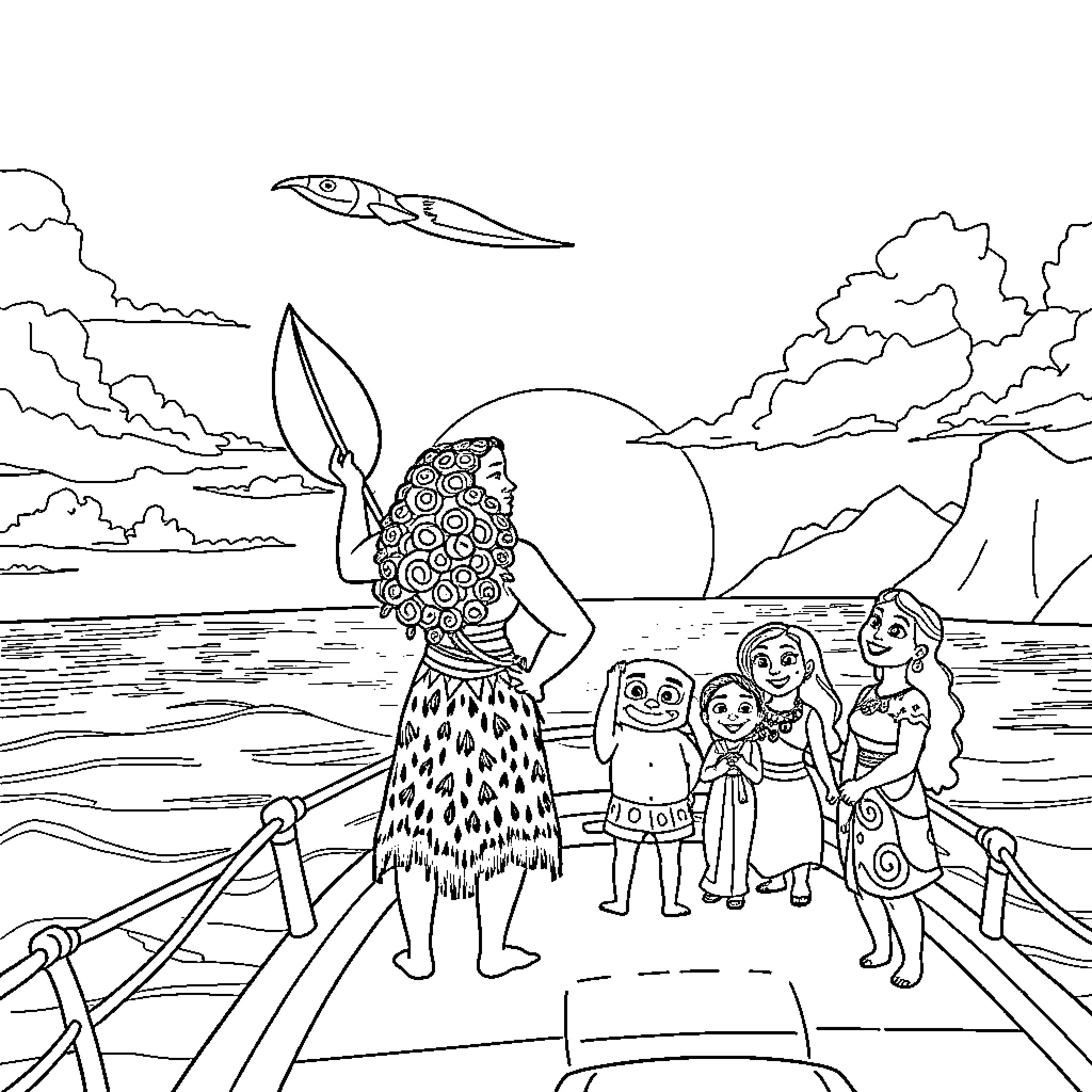Moana and her friends exploring the ocean landscape Coloring Page (free black-and-white line drawing printable PDF for all, from beginners to advanced learners, including children, teens, adults, and seniors)