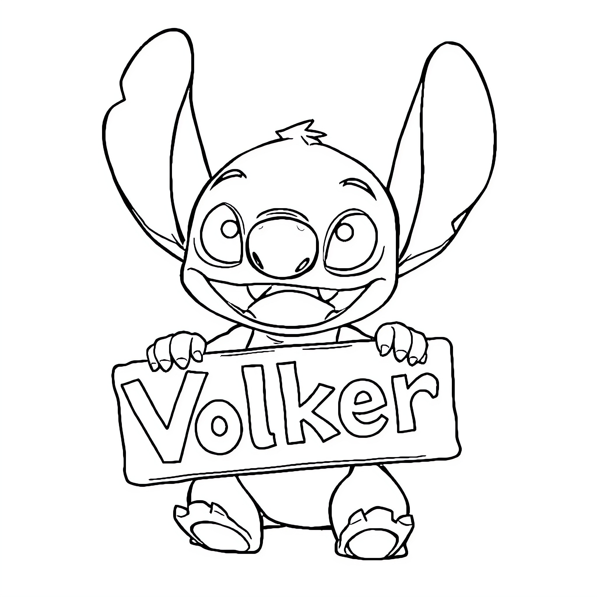 Stitch holding a 'Volker' sign Coloring Page (free black-and-white line drawing printable PDF for all, from beginners to advanced learners, including children, teens, adults, and seniors)