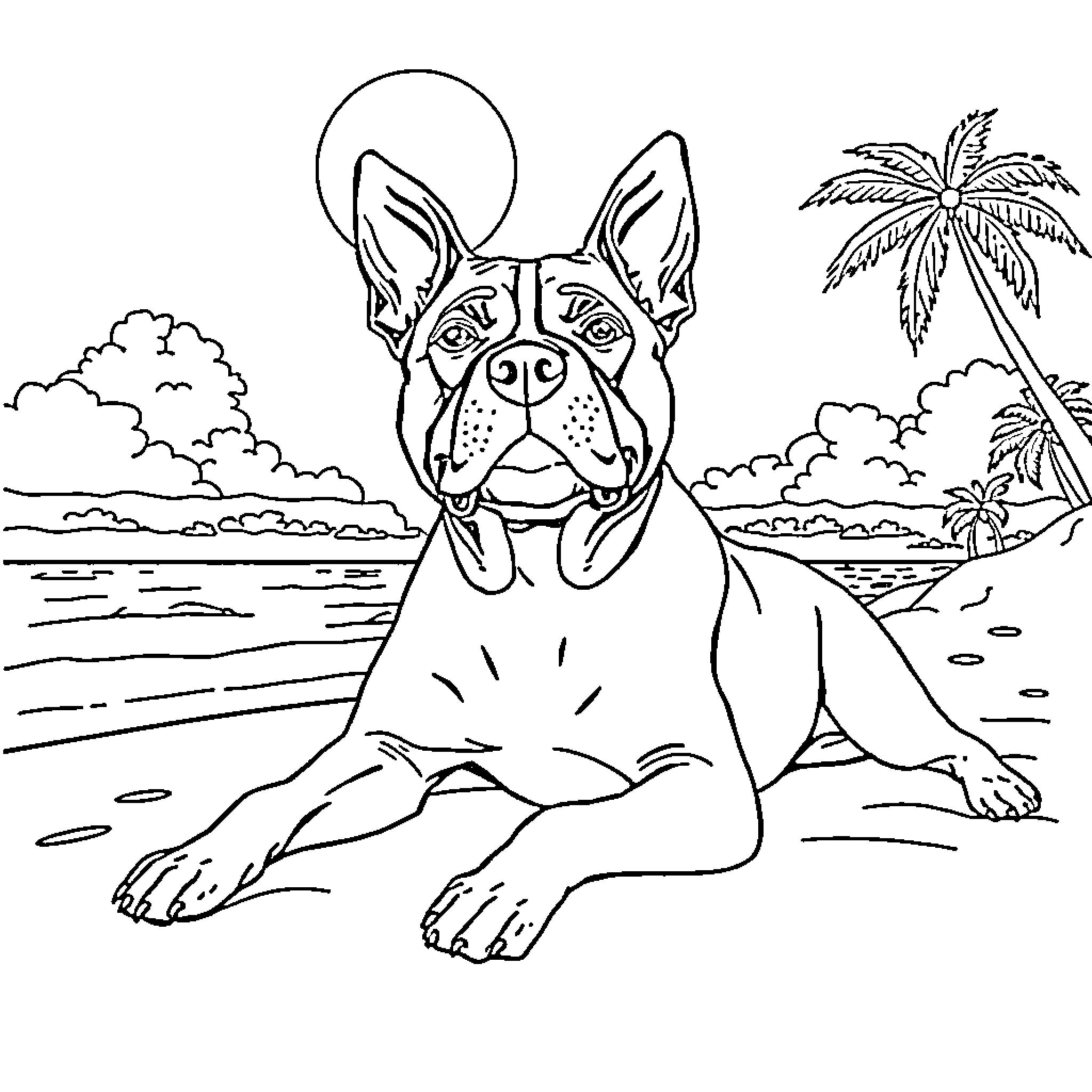 Staffordshire Terrier relaxing on the beach Coloring Page (free black-and-white line drawing printable PDF for all, from beginners to advanced learners, including children, teens, adults, and seniors)