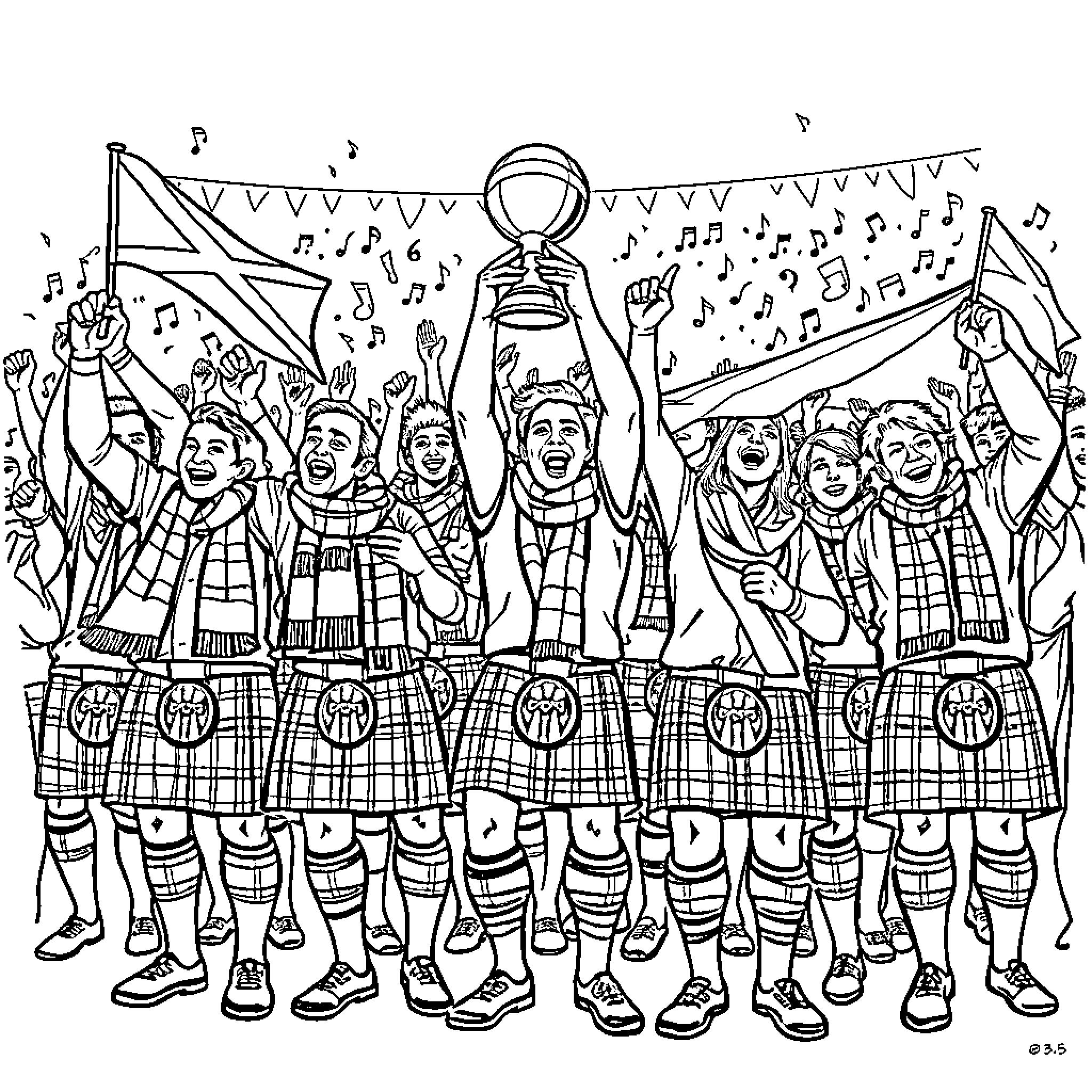 Fan celebration at sports event with cheering crowd Coloring Page (free black-and-white line drawing printable PDF for all, from beginners to advanced learners, including children, teens, adults, and seniors)