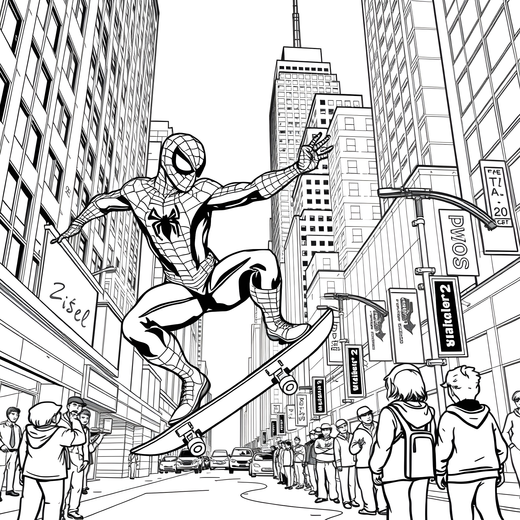 Spiderman swinging through the bustling city streets Coloring Page (free black-and-white line drawing printable PDF for all, from beginners to advanced learners, including children, teens, adults, and seniors)