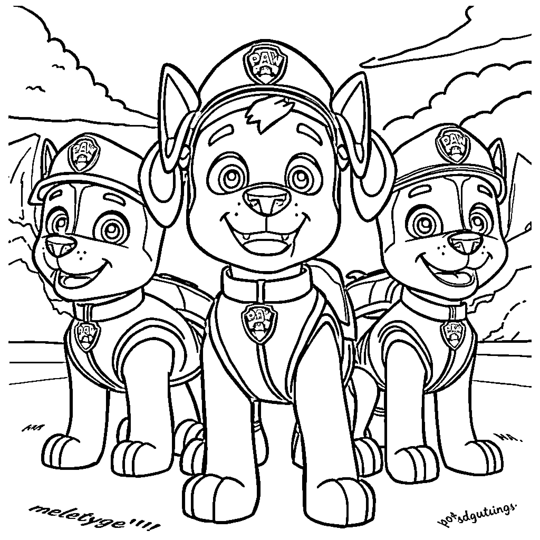 Paw Patrol pups smiling and posing together Coloring Page (free black-and-white line drawing printable PDF for all, from beginners to advanced learners, including children, teens, adults, and seniors)