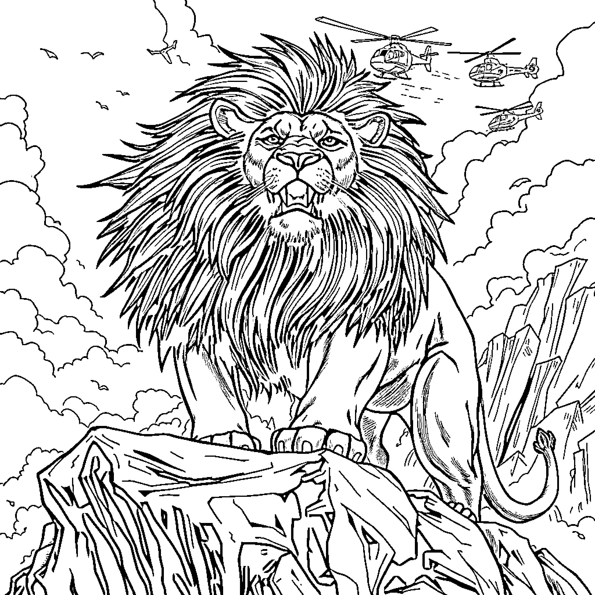 Lion roaring amidst stormy clouds and helicopters Coloring Page (free black-and-white line drawing printable PDF for all, from beginners to advanced learners, including children, teens, adults, and seniors)