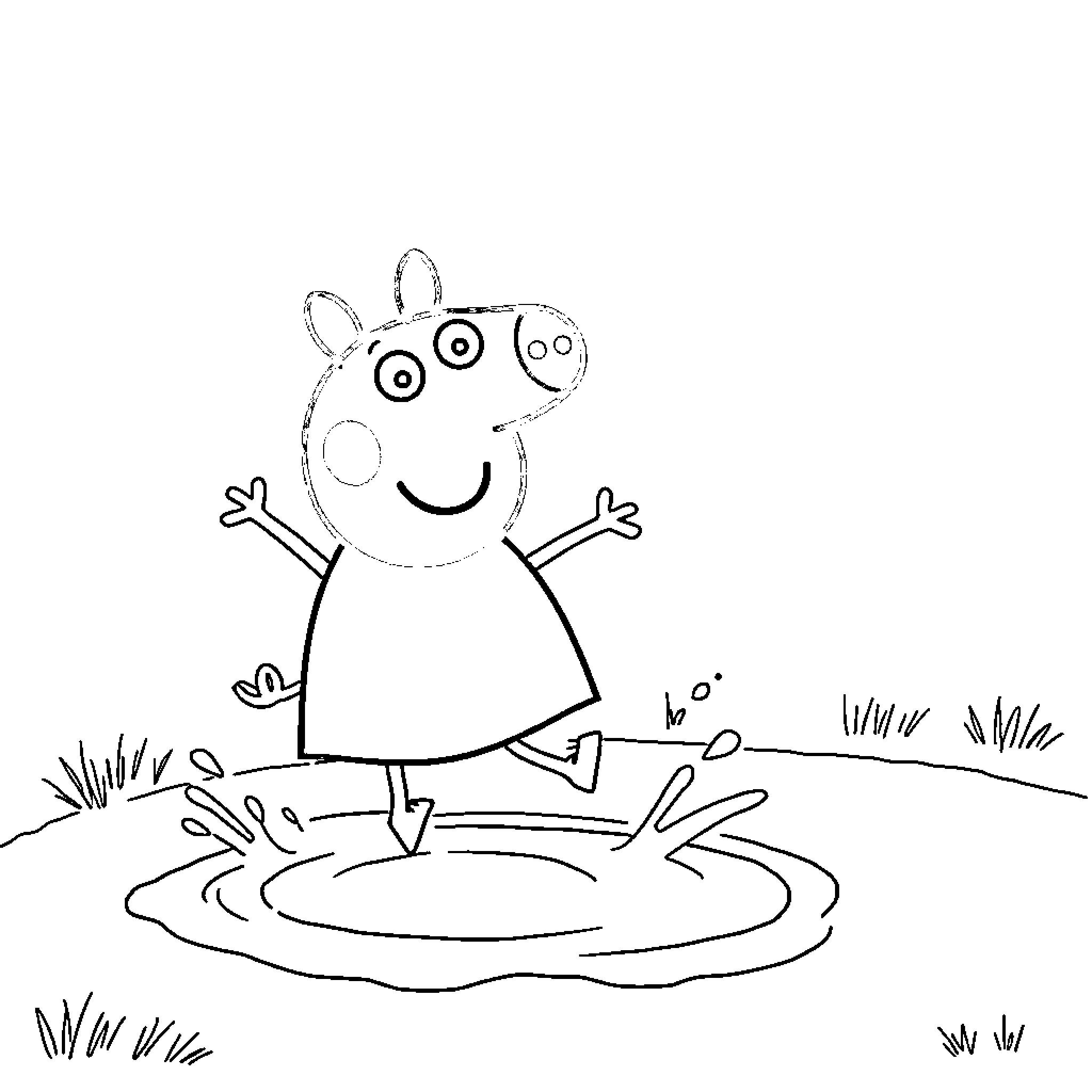 Peppa Pig enjoying a muddy puddle Coloring Page (free black-and-white line drawing printable PDF for all, from beginners to advanced learners, including children, teens, adults, and seniors)