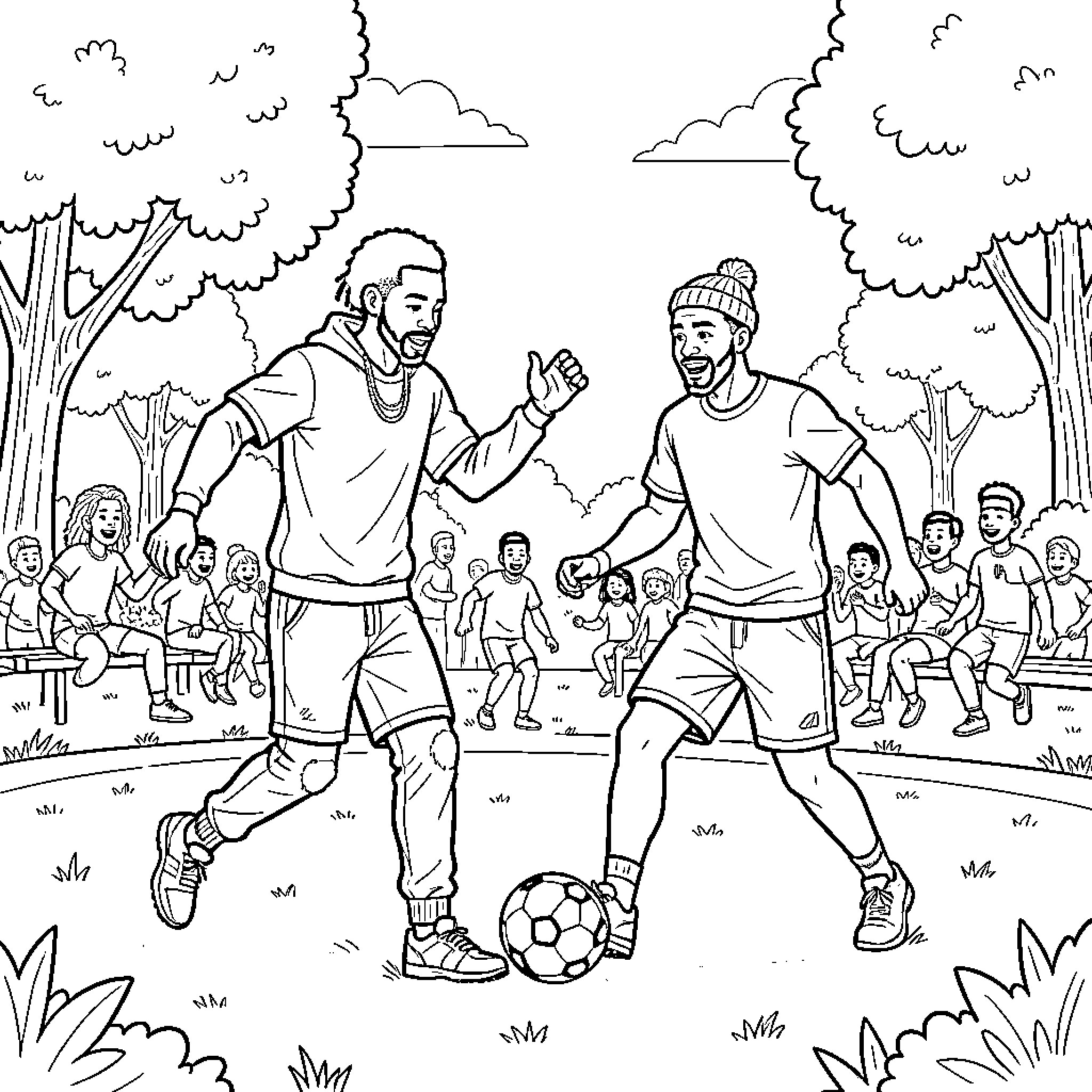 King Von playing soccer with friends in a park Coloring Page (free black-and-white line drawing printable PDF for all, from beginners to advanced learners, including children, teens, adults, and seniors)