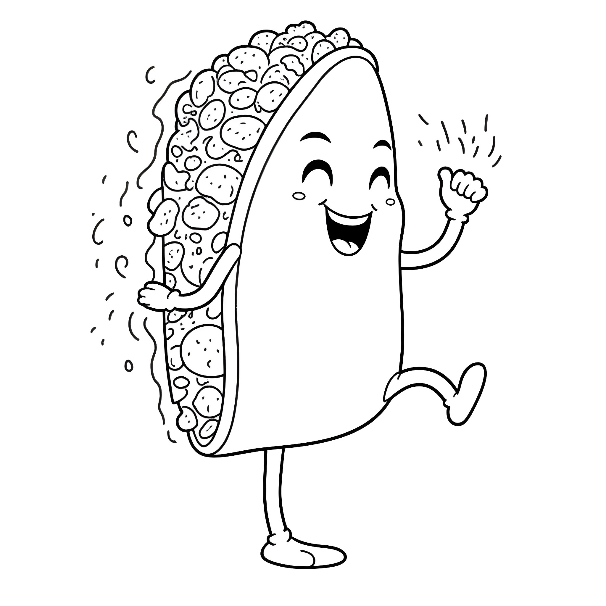 Taco character happily waving Coloring Page (free black-and-white line drawing printable PDF for all, from beginners to advanced learners, including children, teens, adults, and seniors)