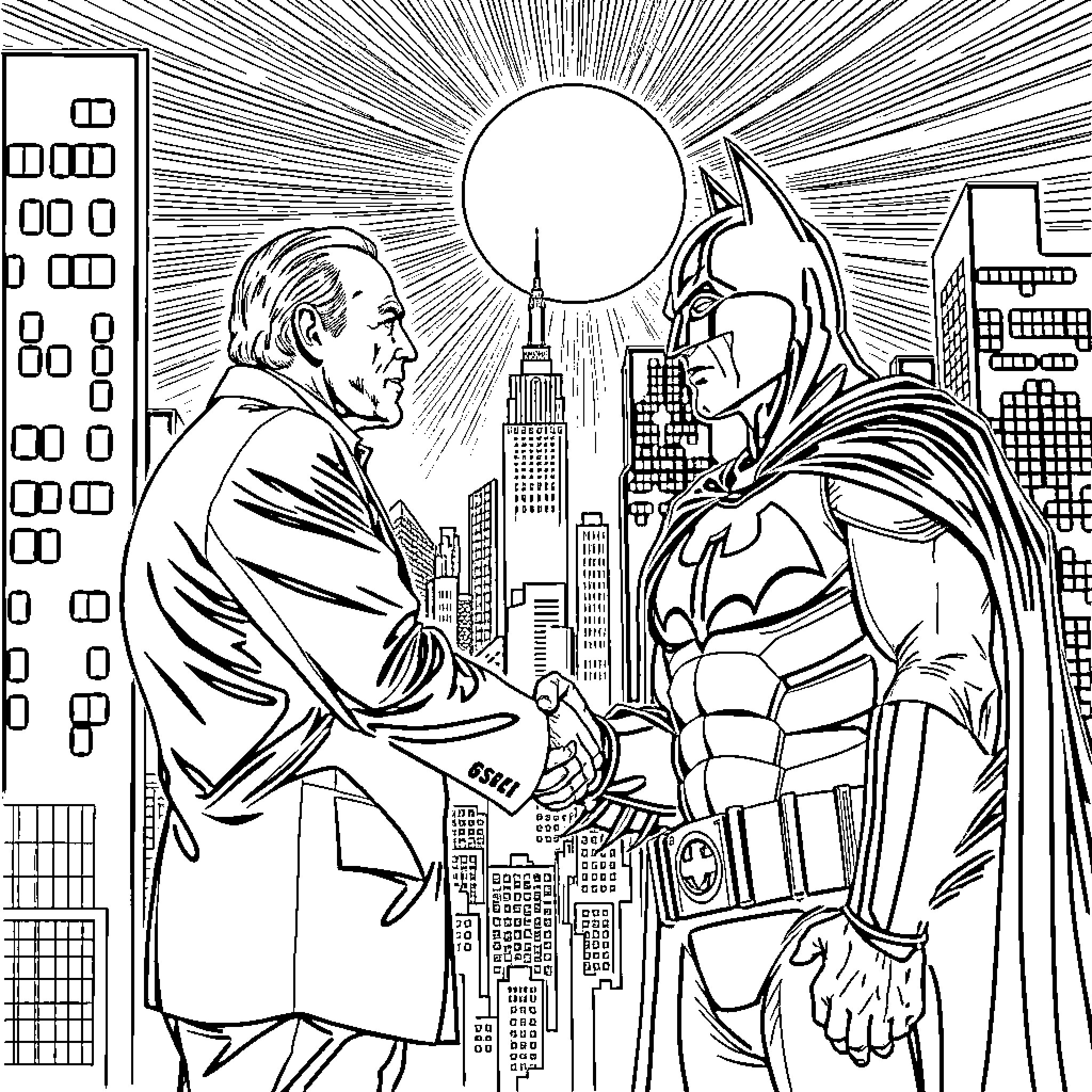 Joe Biden and Batman shake hands over a cityscape Coloring Page (free black-and-white line drawing printable PDF for all, from beginners to advanced learners, including children, teens, adults, and seniors)