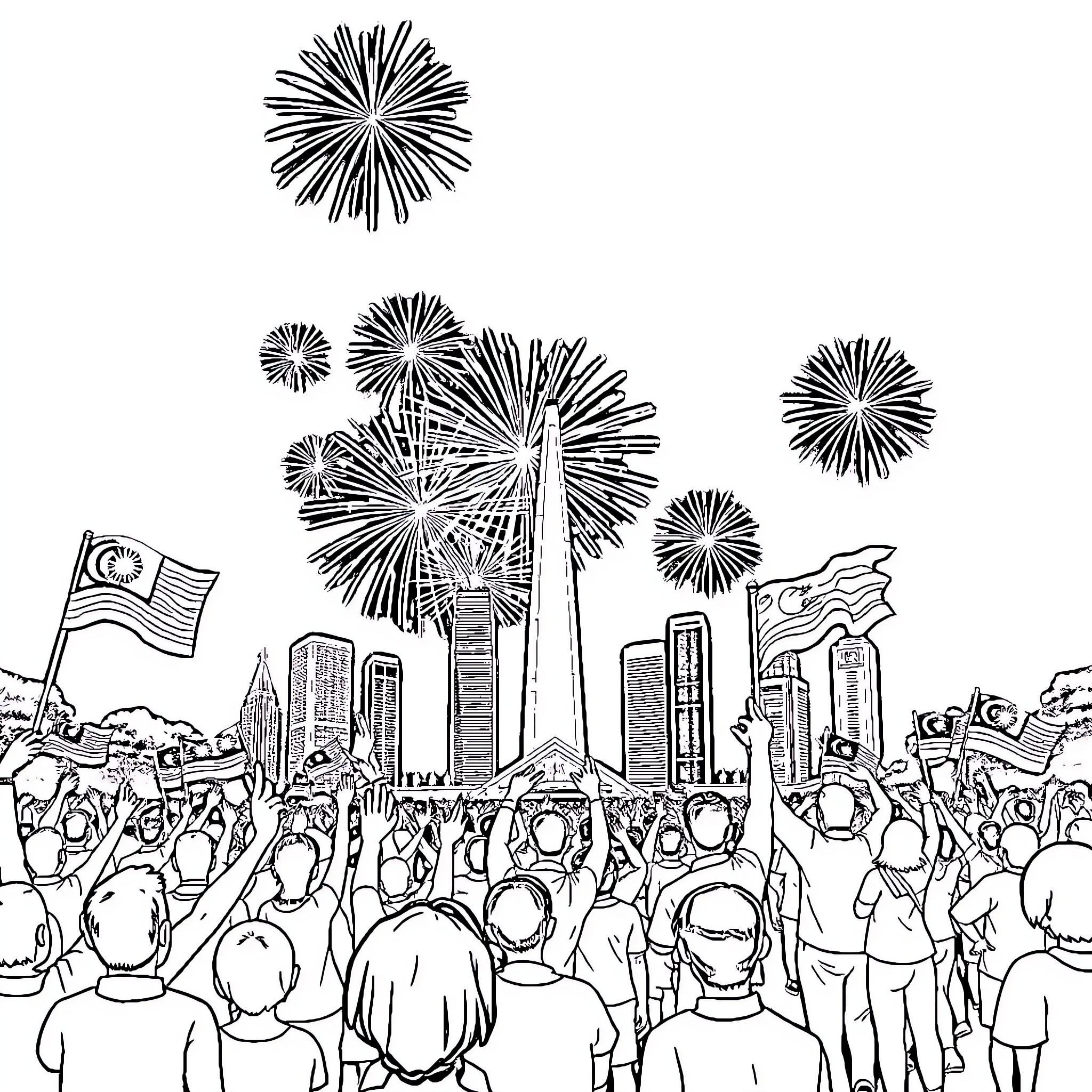 Malaysia celebrates with fireworks and crowd Coloring Page (free black-and-white line drawing printable PDF for all, from beginners to advanced learners, including children, teens, adults, and seniors)