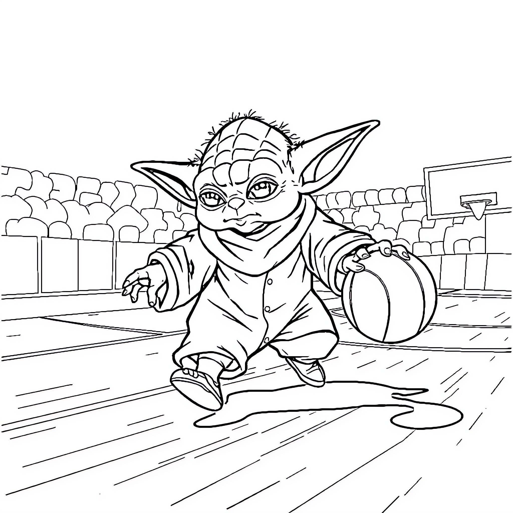 Yoda in action at the basketball court Coloring Page (free black-and-white line drawing printable PDF for all, from beginners to advanced learners, including children, teens, adults, and seniors)