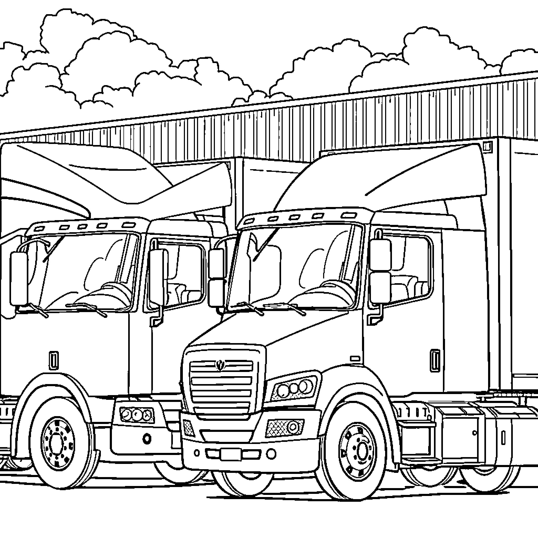 Truck Convoy Transporting Goods Under Cloudy Skies Coloring Page (free black-and-white line drawing printable PDF for all, from beginners to advanced learners, including children, teens, adults, and seniors)