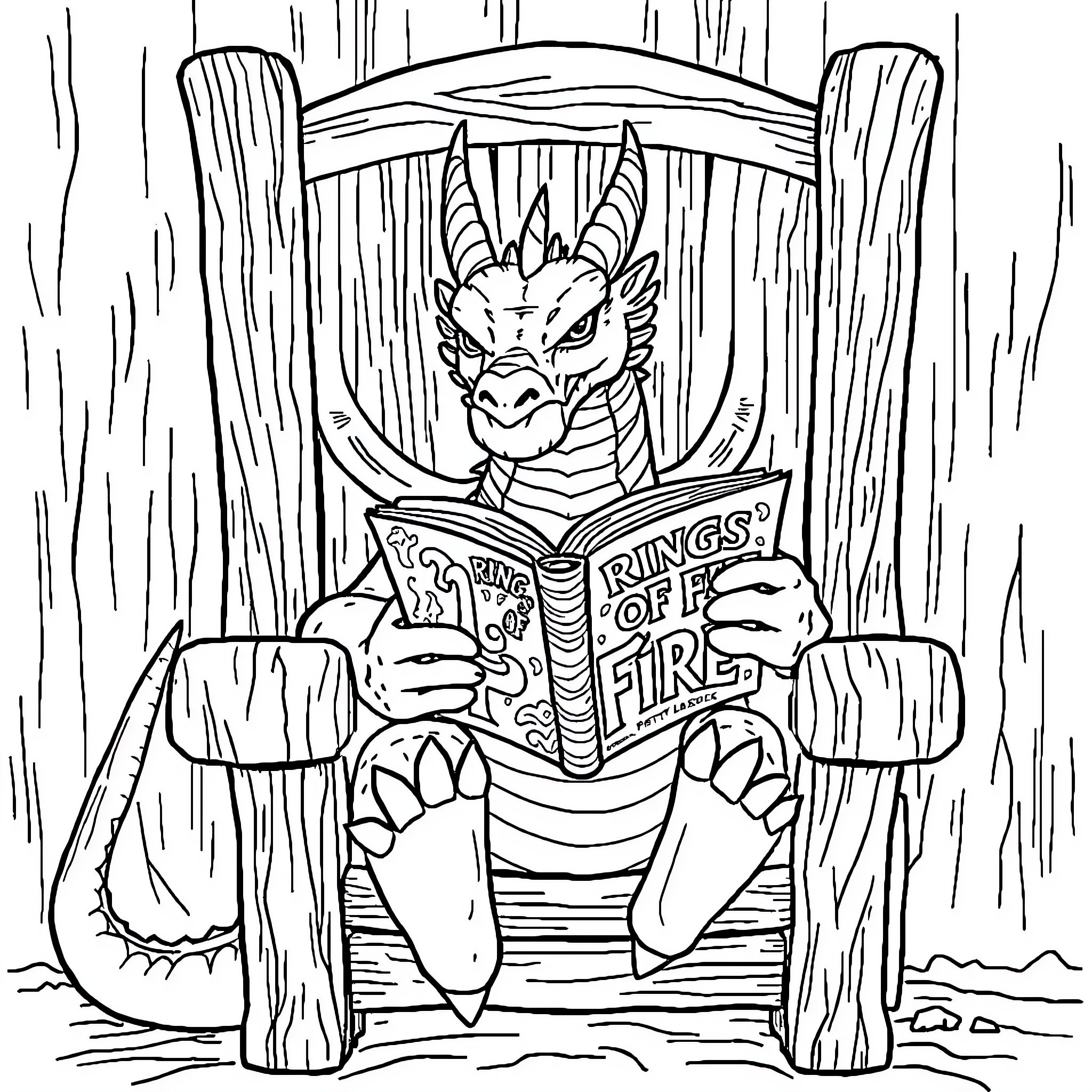 Dragon reading a book about rings of fire Coloring Page (free black-and-white line drawing printable PDF for all, from beginners to advanced learners, including children, teens, adults, and seniors)