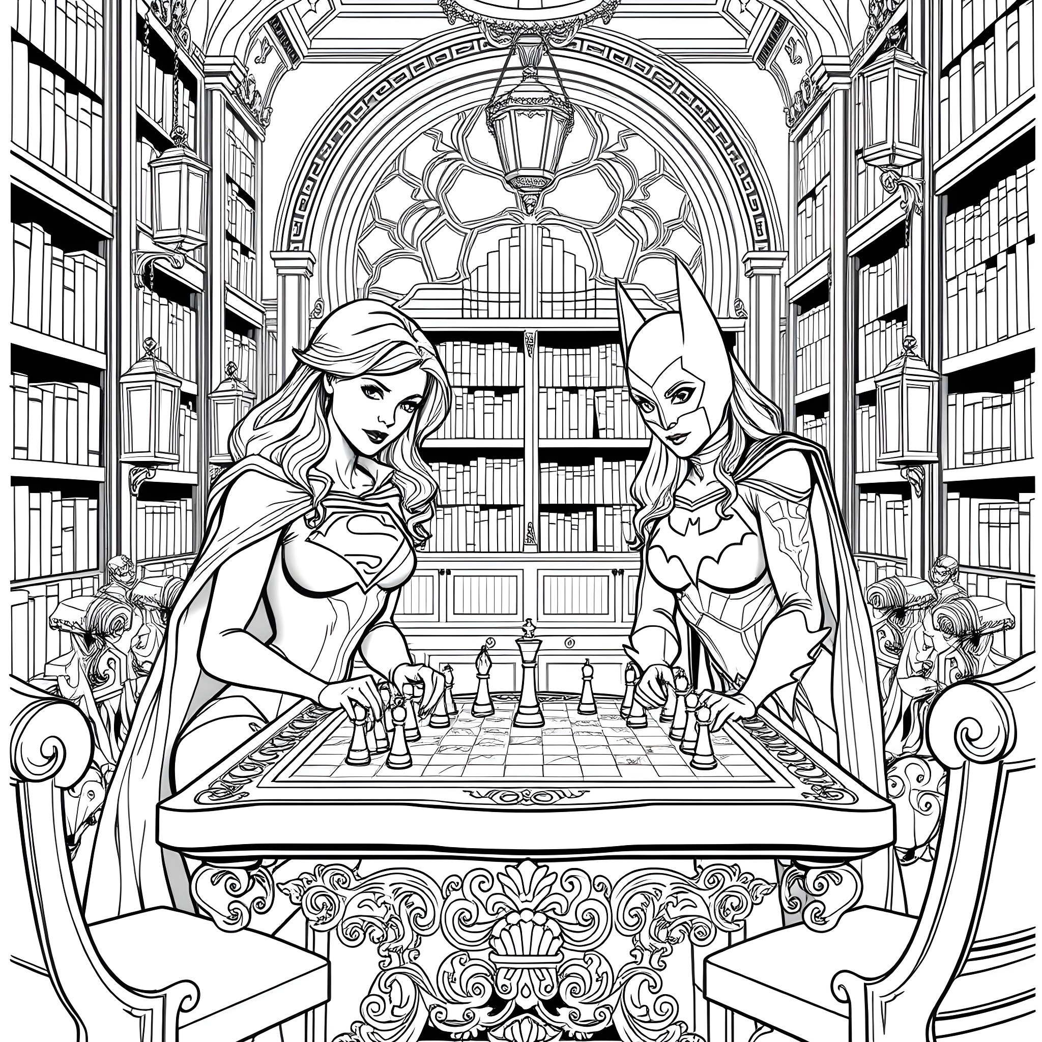 Supergirl and Batgirl playing chess in an ornate library Coloring Page (free black-and-white line drawing printable PDF for all, from beginners to advanced learners, including children, teens, adults, and seniors)
