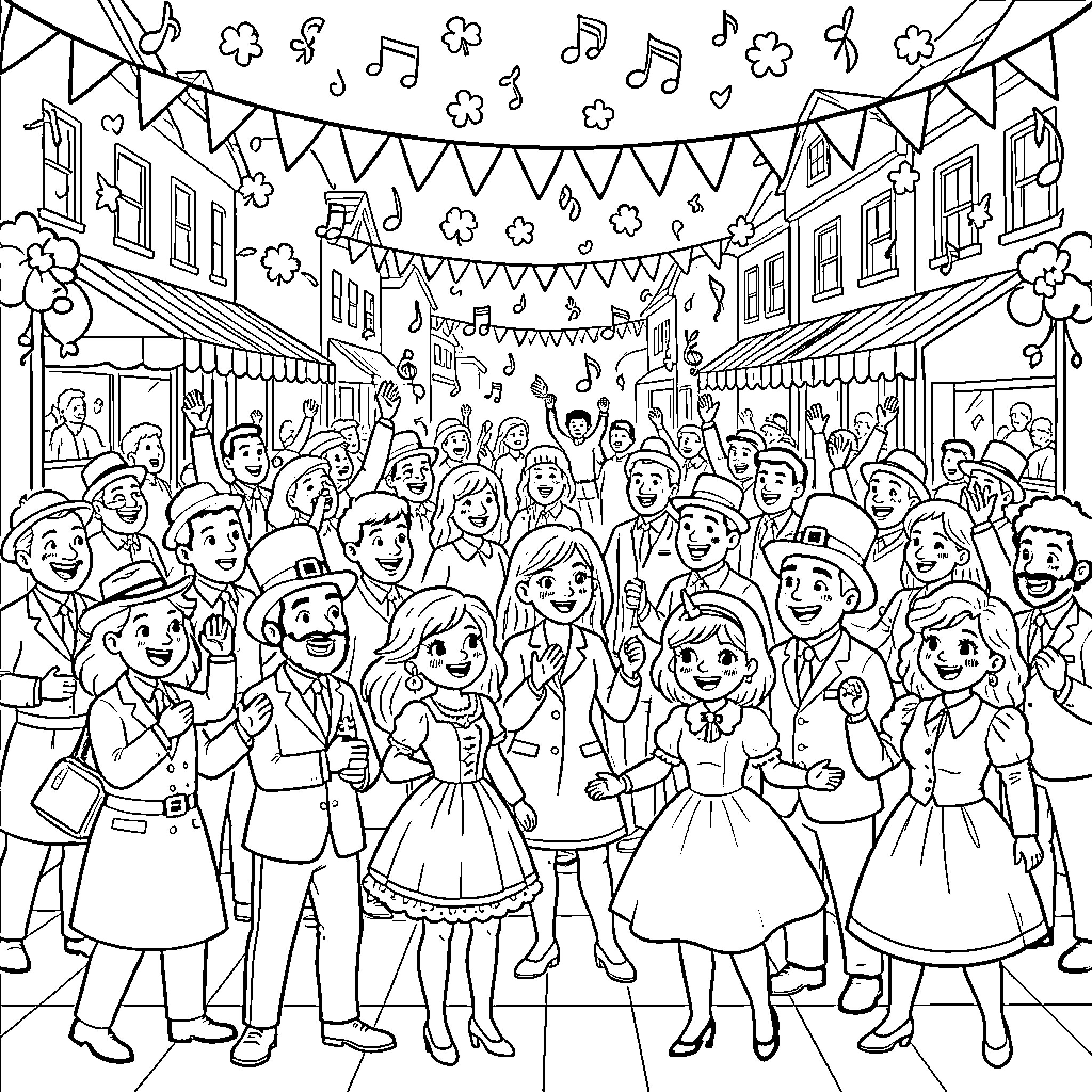 St Patrick's Day Parade Celebration with Festive Decorations Coloring Page (free black-and-white line drawing printable PDF for all, from beginners to advanced learners, including children, teens, adults, and seniors)